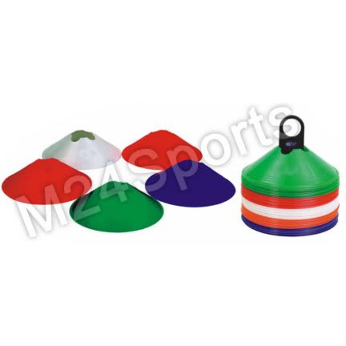 A set of coloured cone markers in red, green, purple, and blue, stacked together with a logo.