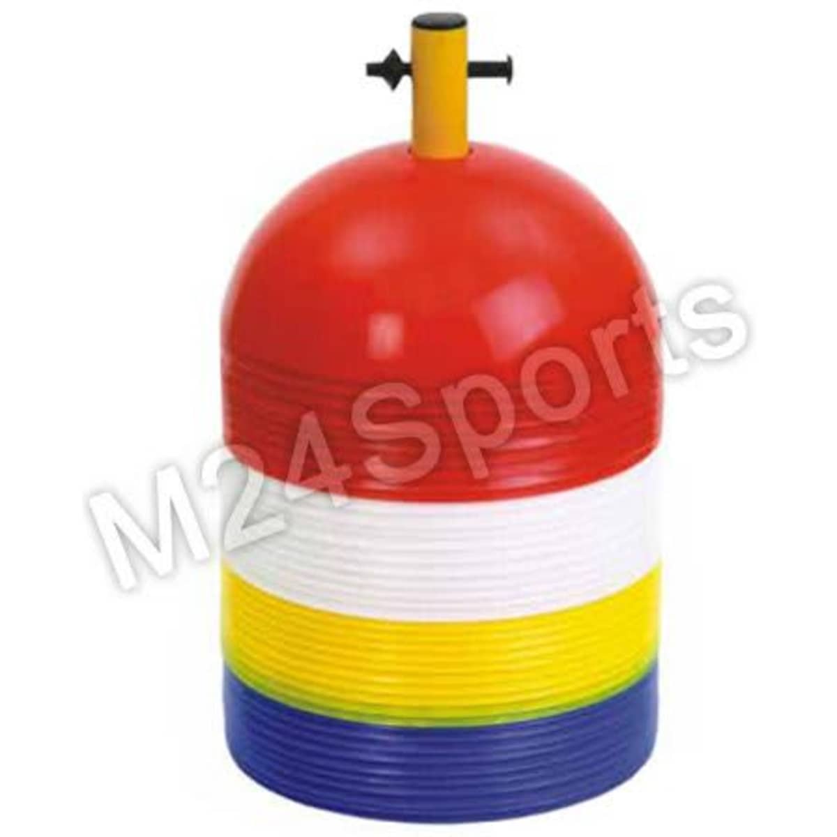 A dome marker featuring red, white, yellow, and blue stripes with a black top and a logo.