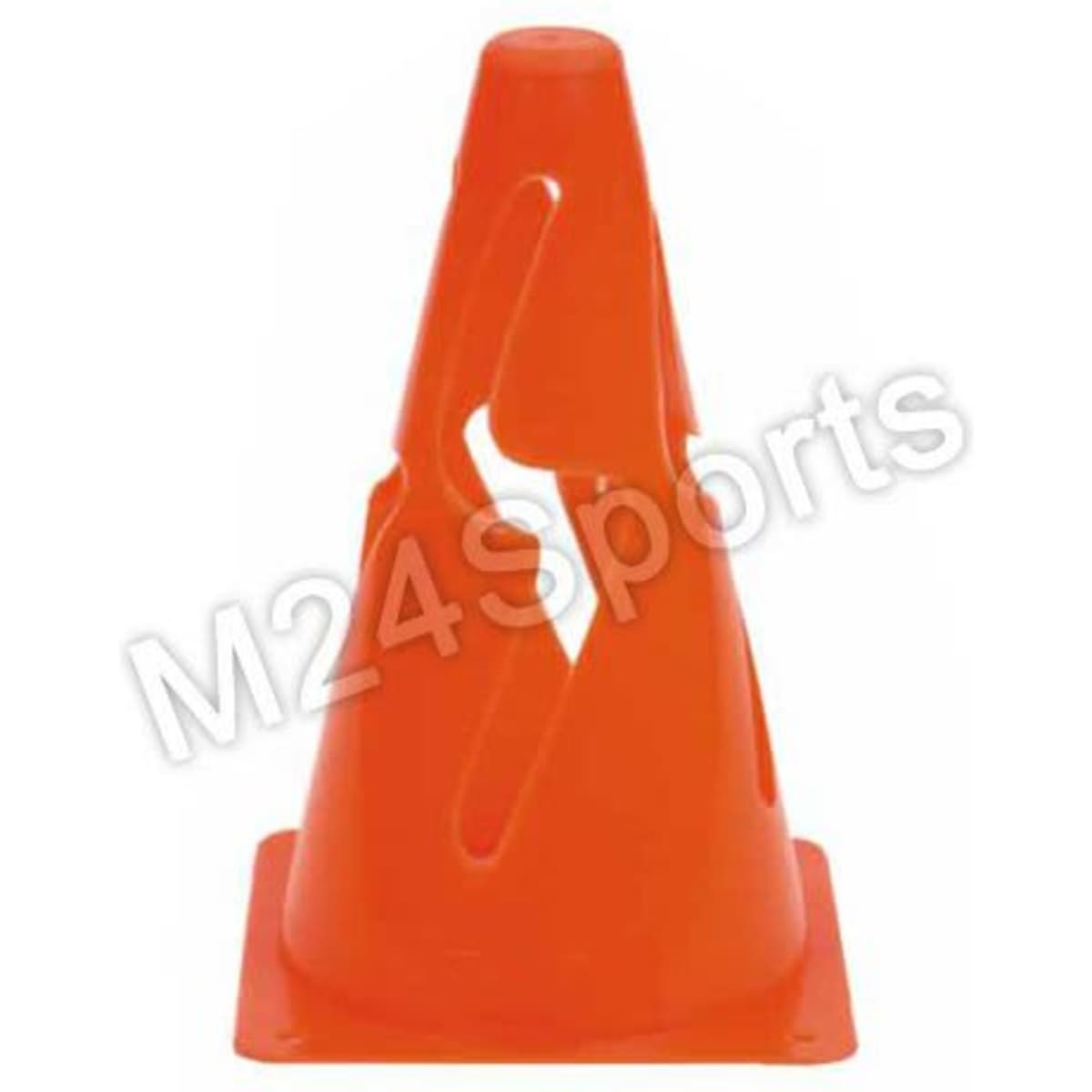 An orange flexible cone with cut-outs, featuring a square base. The item includes a logo on its surface.
