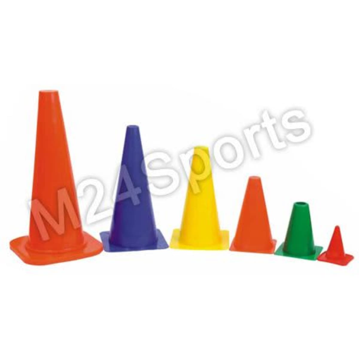 A set of marker cones in red, purple, yellow, orange, and green, arranged in various sizes. The image includes branding.