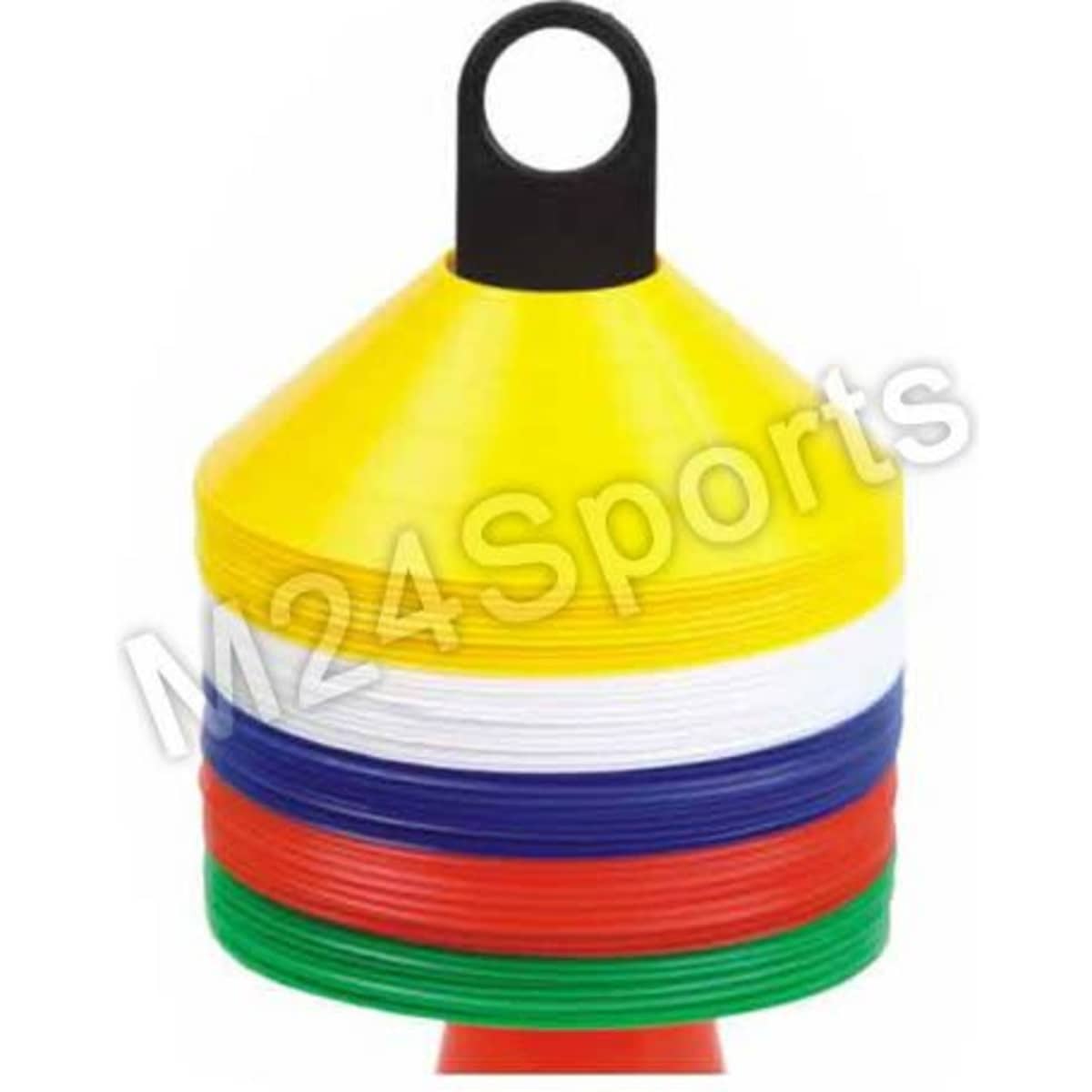 A stack of colourful training cones in yellow, white, red, green, and blue, with a black handle on top.