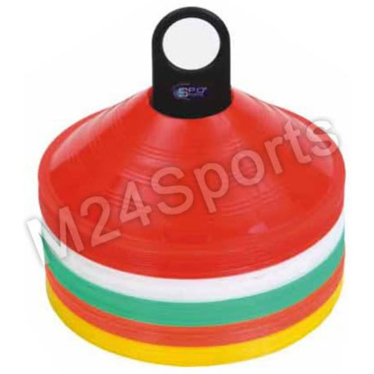 A stack of training cones in red, white, green, yellow, and orange, with a handle on top. The stack has a logo.