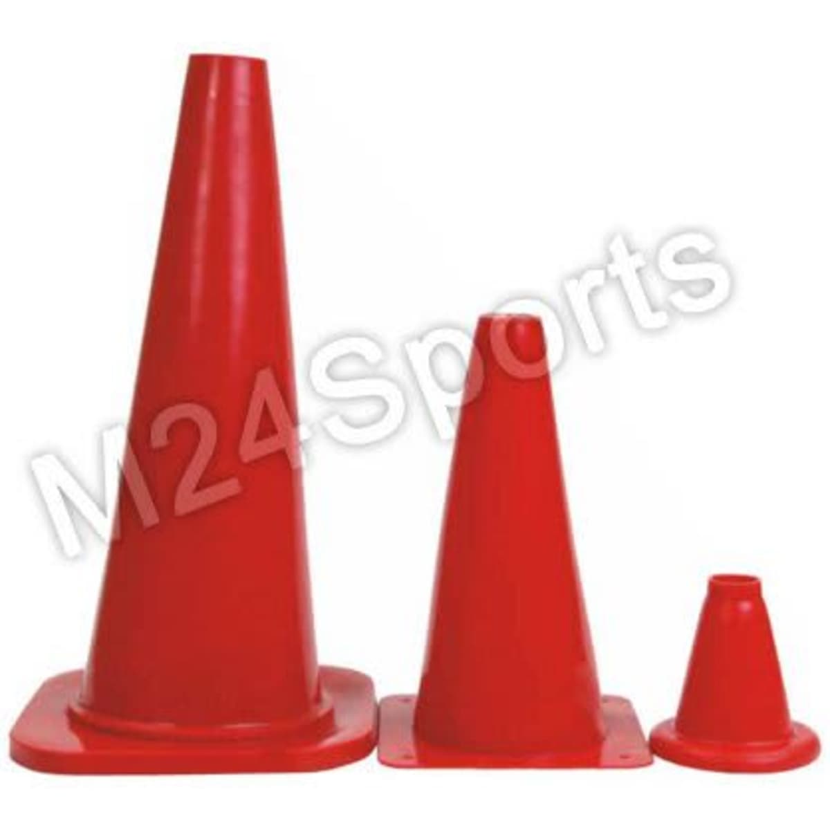Three red soft vinyl cones of varying heights displayed against a plain background. Each cone features a squared base.