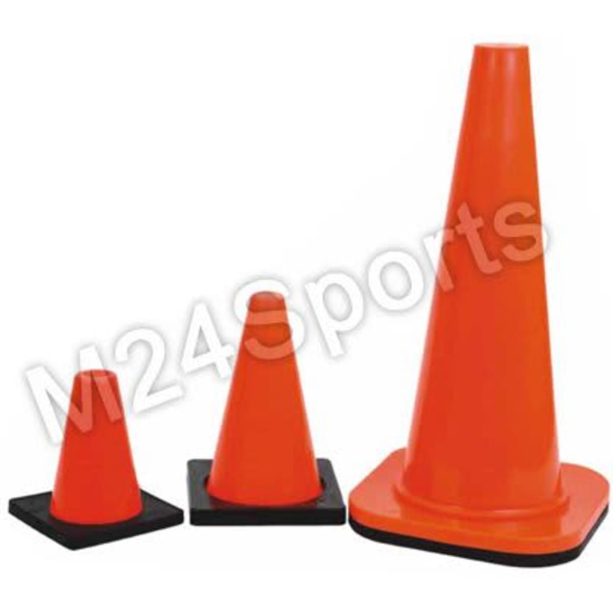 Three weighted base cones in bright orange with black square bases, varying in height and size.