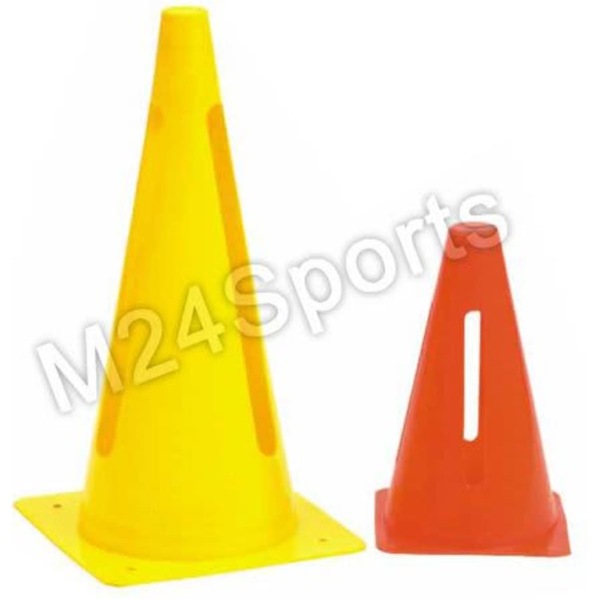 Two traffic cones are displayed: one large yellow cone and one smaller red cone, both featuring slits and square bases.