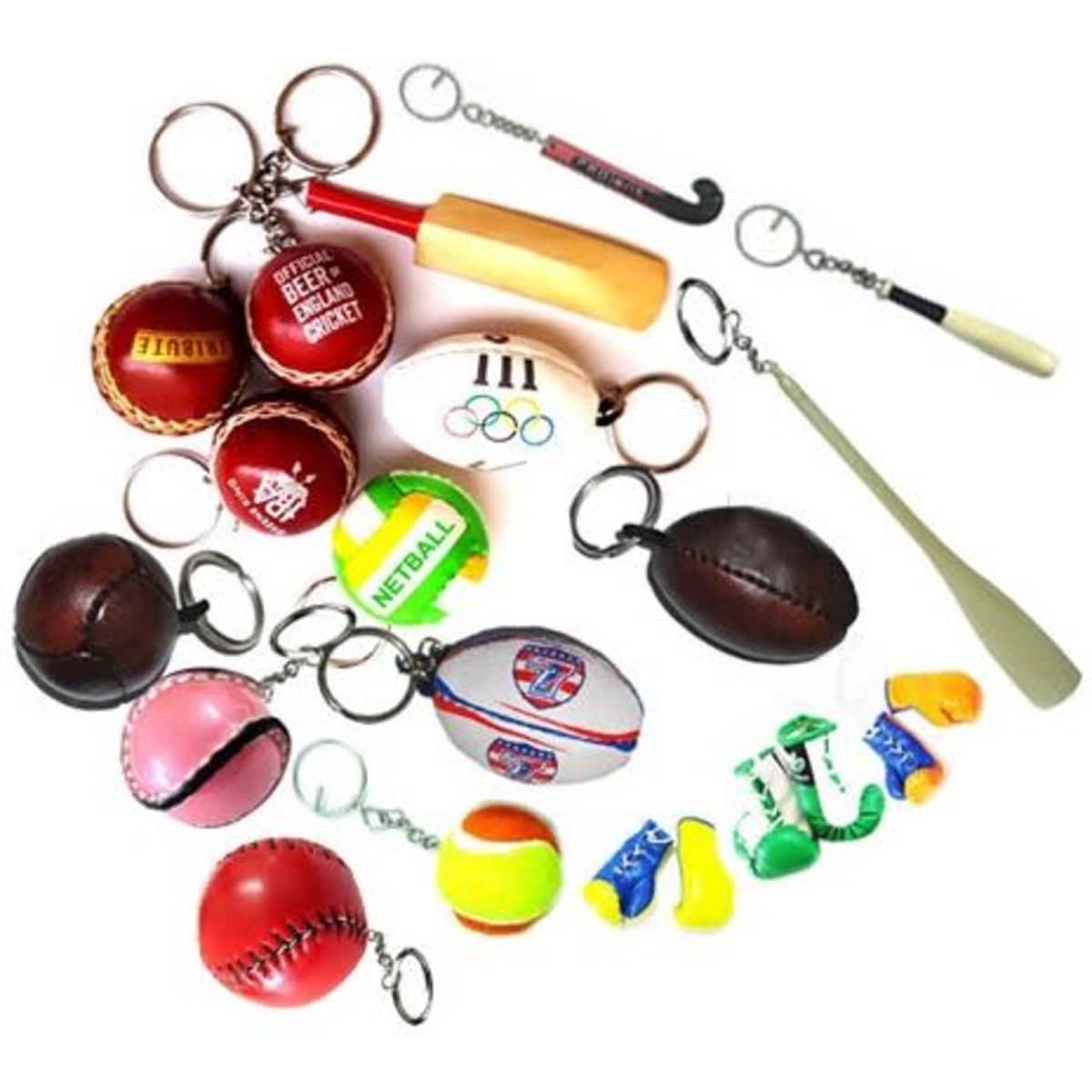 A collection of colourful sports-themed keyrings, including a cricket bat, footballs, and tennis balls, with various designs.