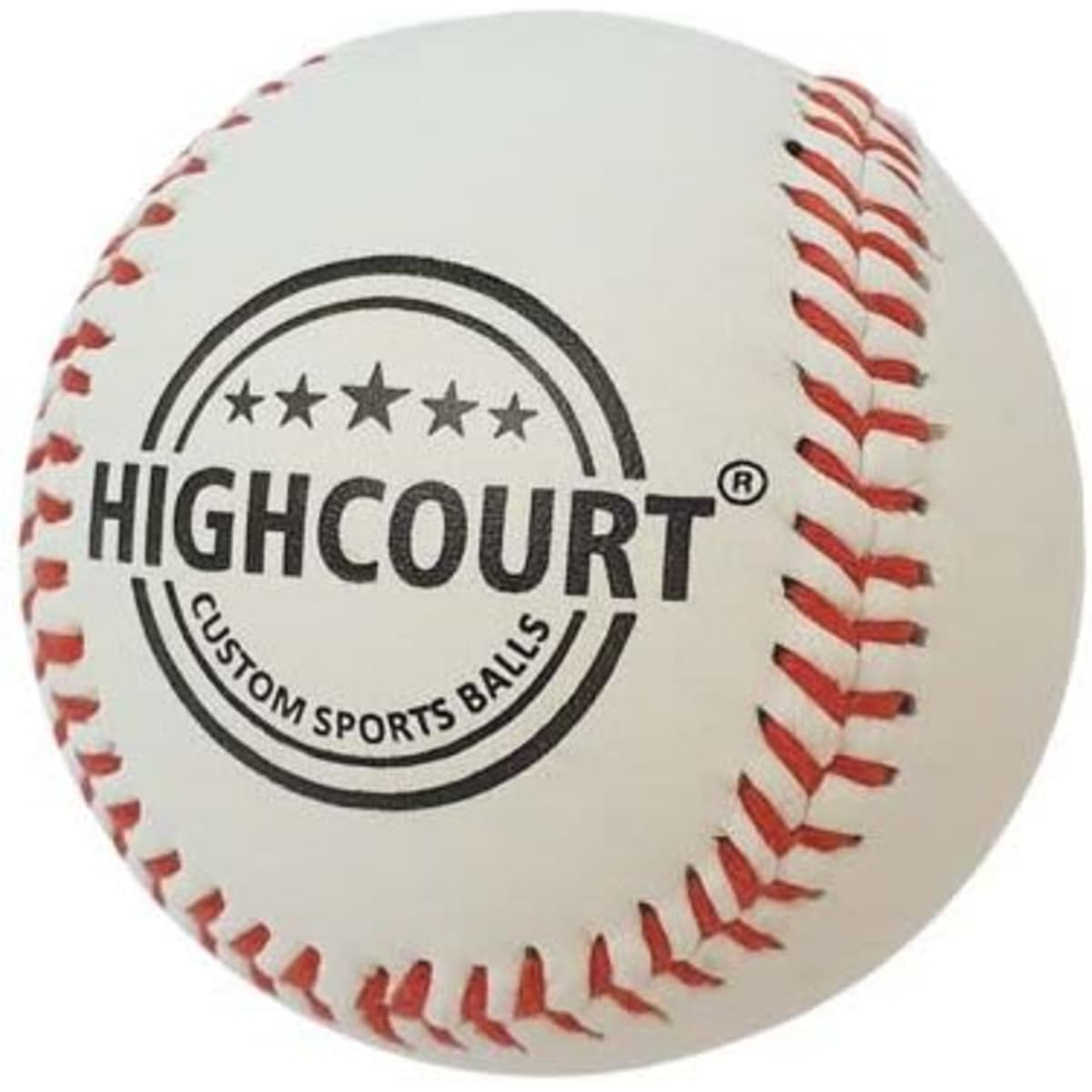 A white softball with red stitching and a logo printed on it.