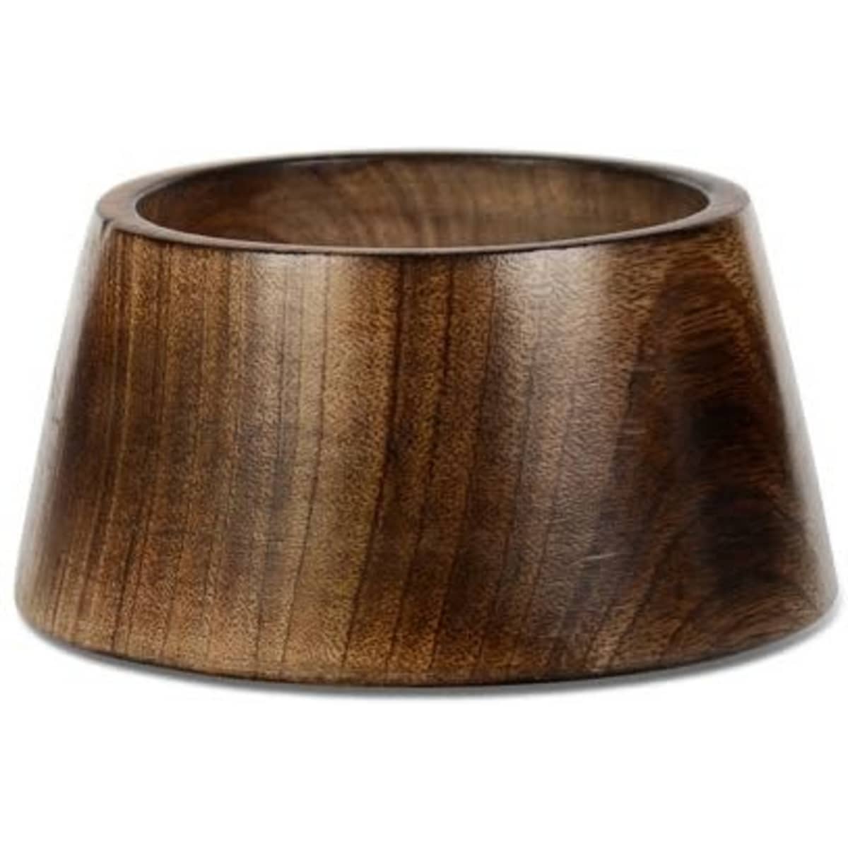 A wooden display ball stand in a polished dark brown finish, featuring a tapered design.