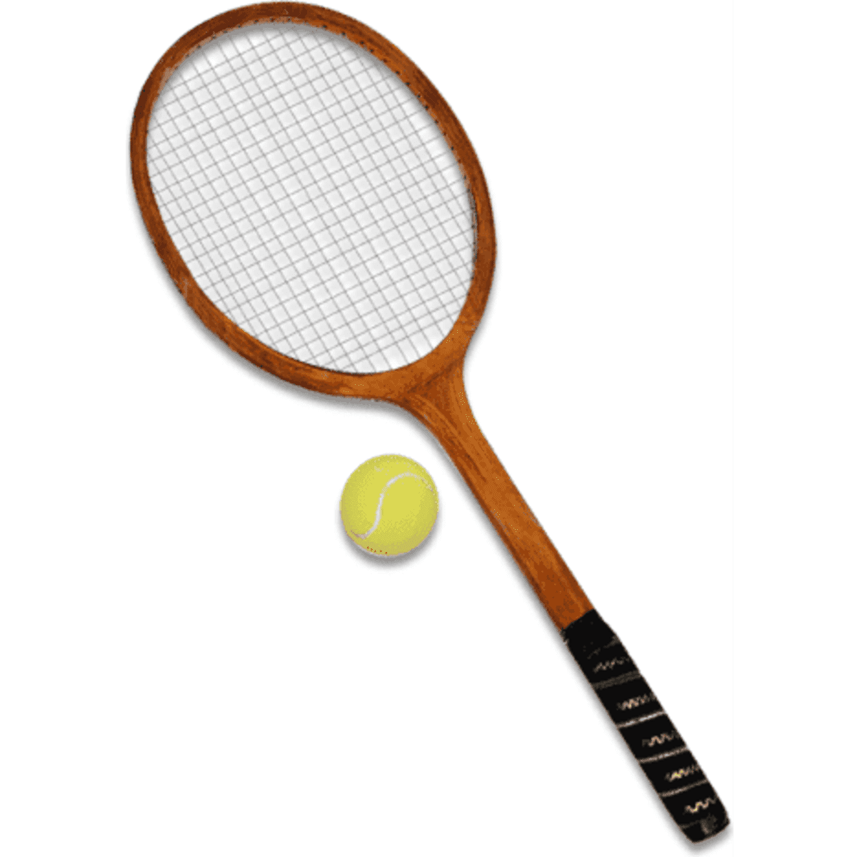 A vintage tennis racquet made of wood, featuring a black handle, alongside a yellow tennis ball.