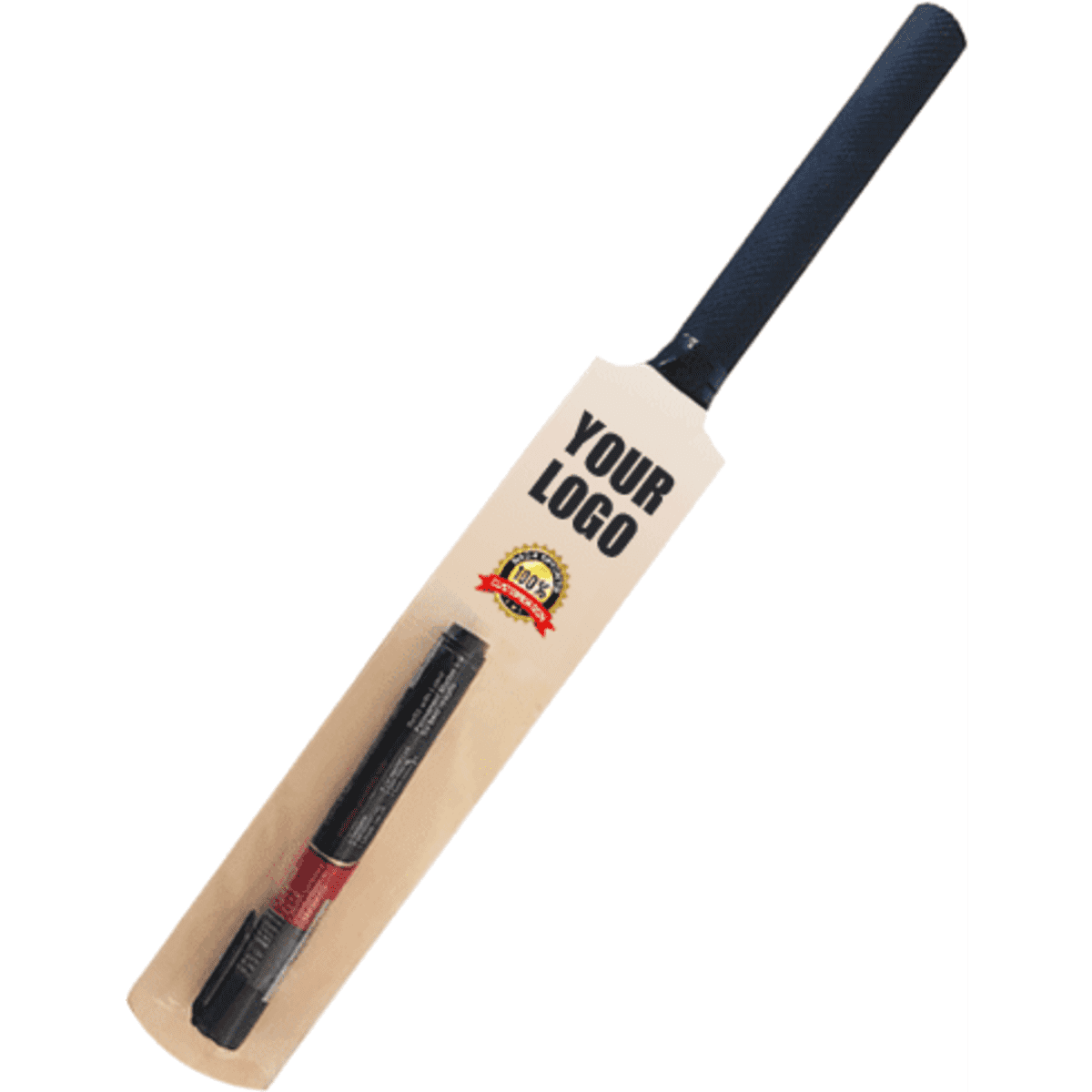 A wooden cricket bat featuring a dark handle and a natural wood finish, displayed with a black marker and a logo.