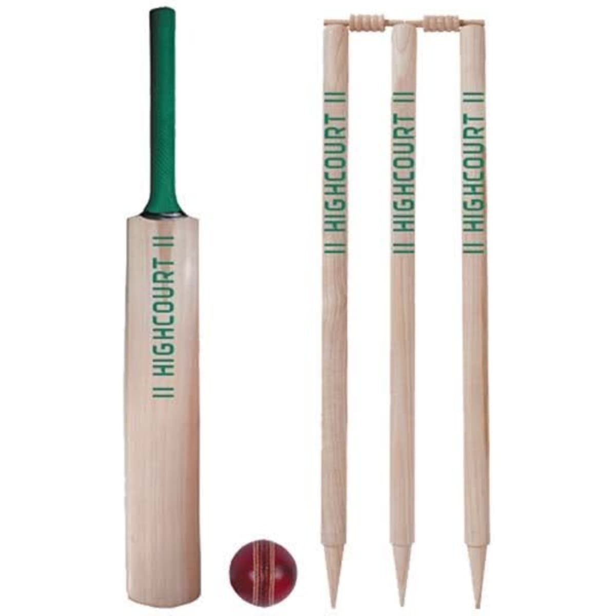 A wooden cricket set featuring a bat with a green handle, three stumps, and a red cricket ball.