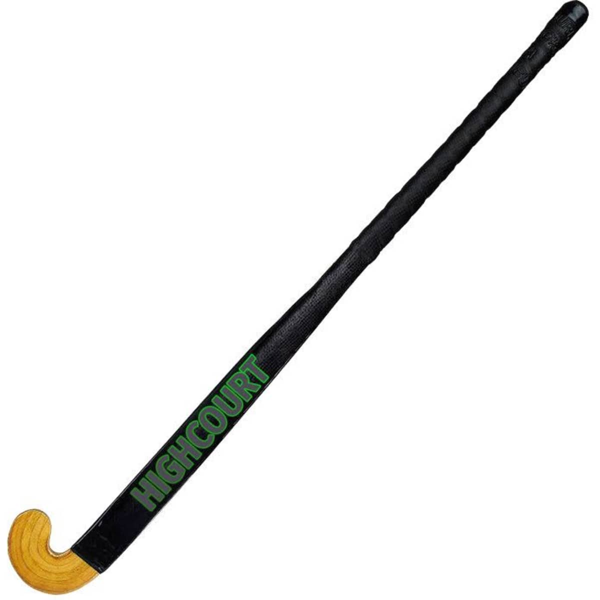 A hockey stick with a wooden curved end and a black grip, featuring green branding on the shaft.
