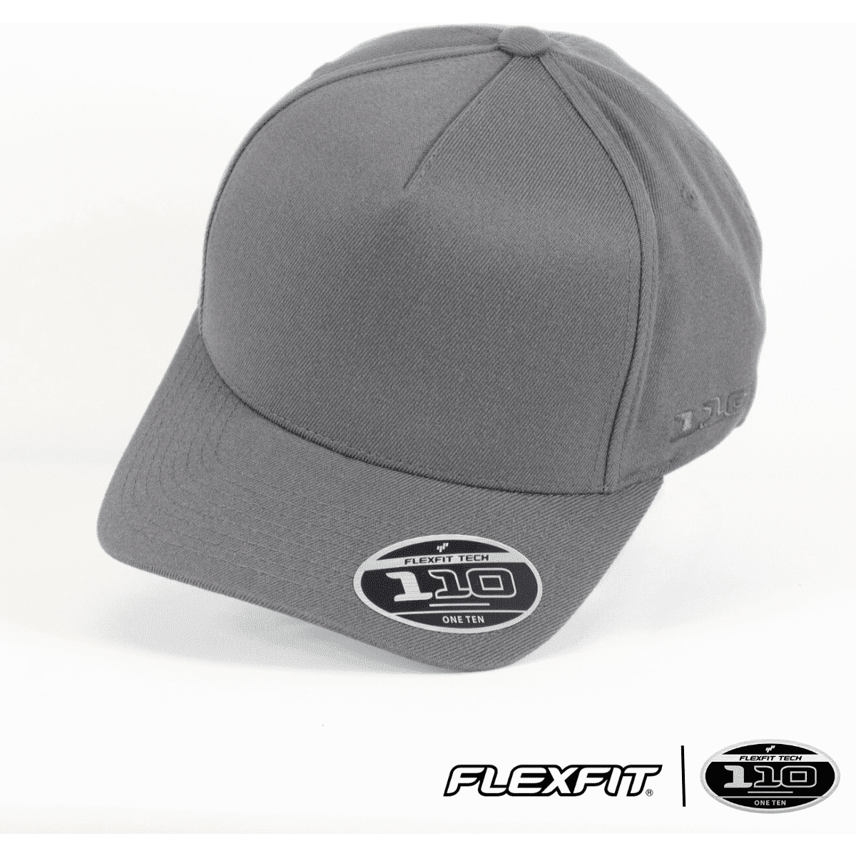 A grey FLEXFIT® 110 cap with a curved visor and a logo on the side.