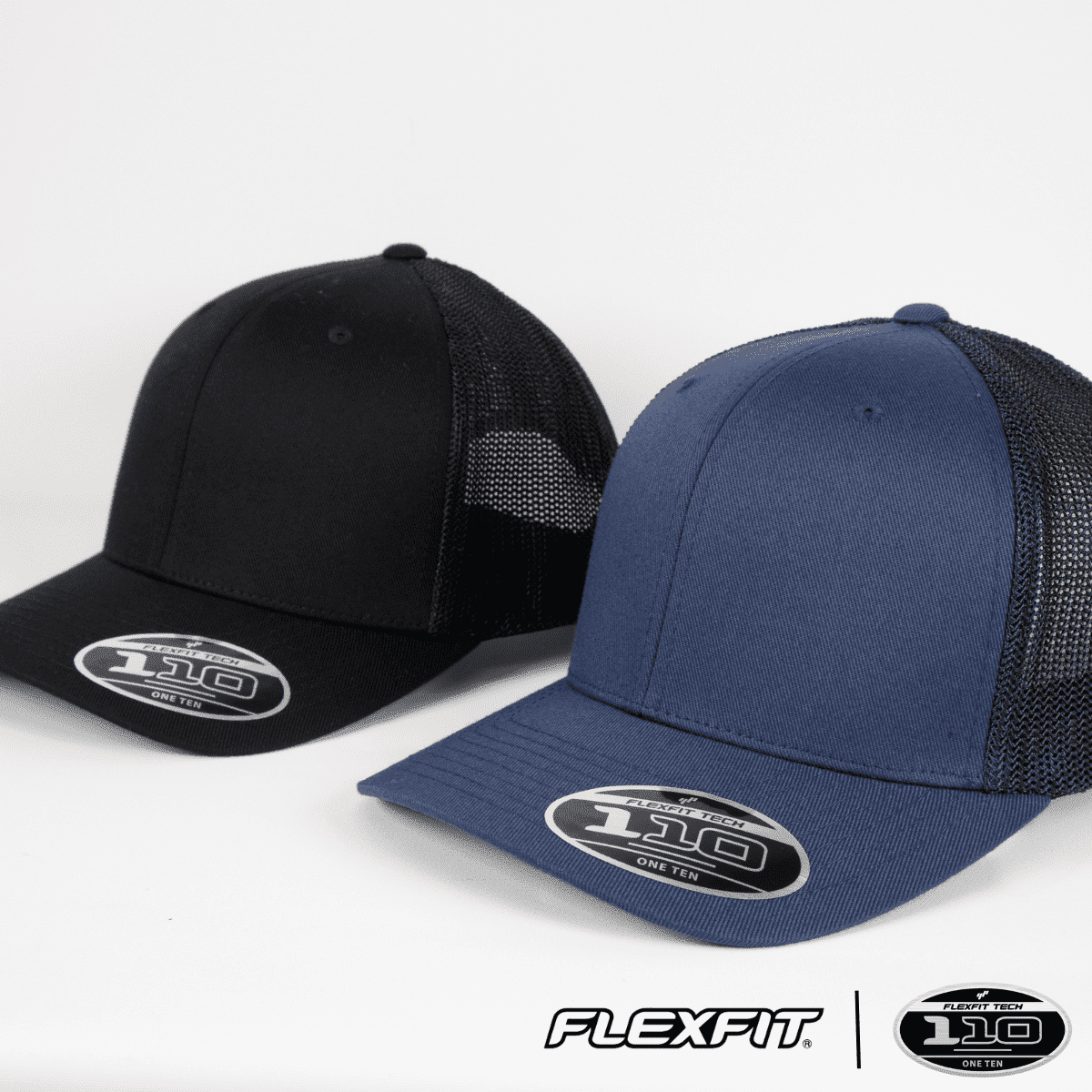 A black and a navy blue mesh trucker cap, both featuring a logo on the front.