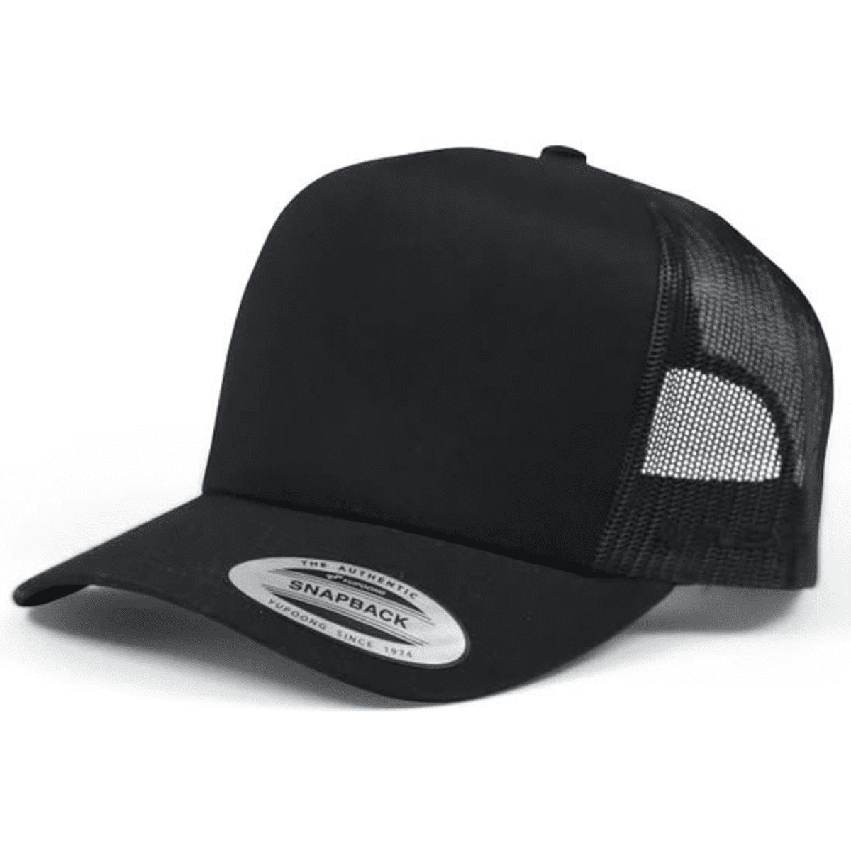 A black trucker cap with a mesh back and a flat brim, featuring a logo on the front.