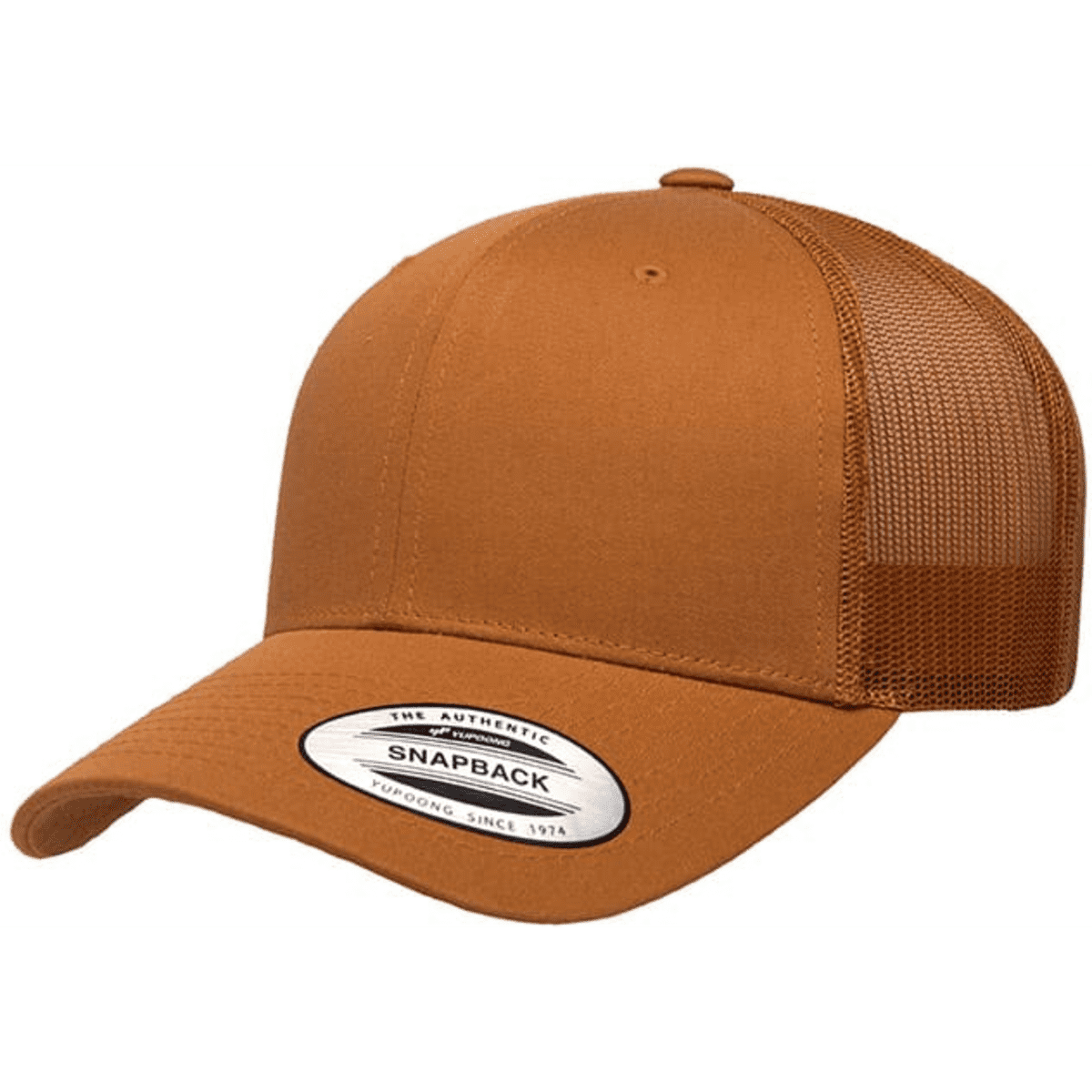 A brown trucker cap with a mesh back and a round logo patch on the front.