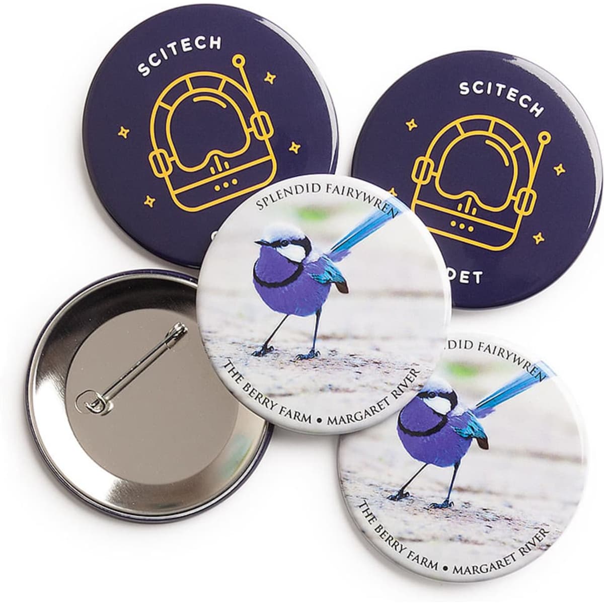 A collection of custom printed 64mm round badges featuring various designs and a logo. The badges are predominantly blue and white.