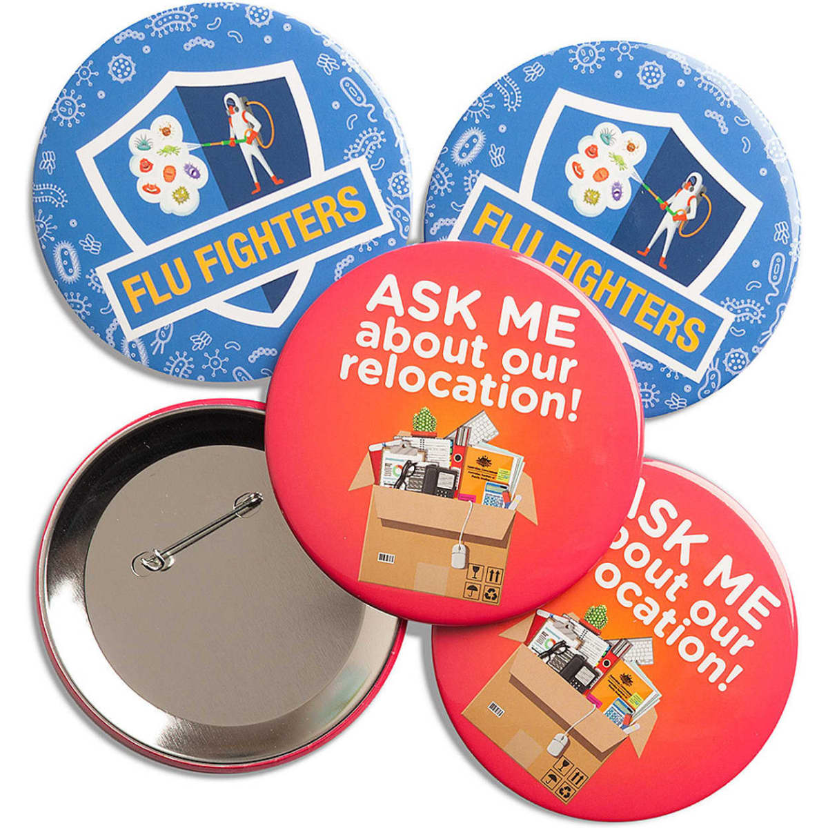 A set of 89mm round badges in blue and red, featuring various designs and a pinback.