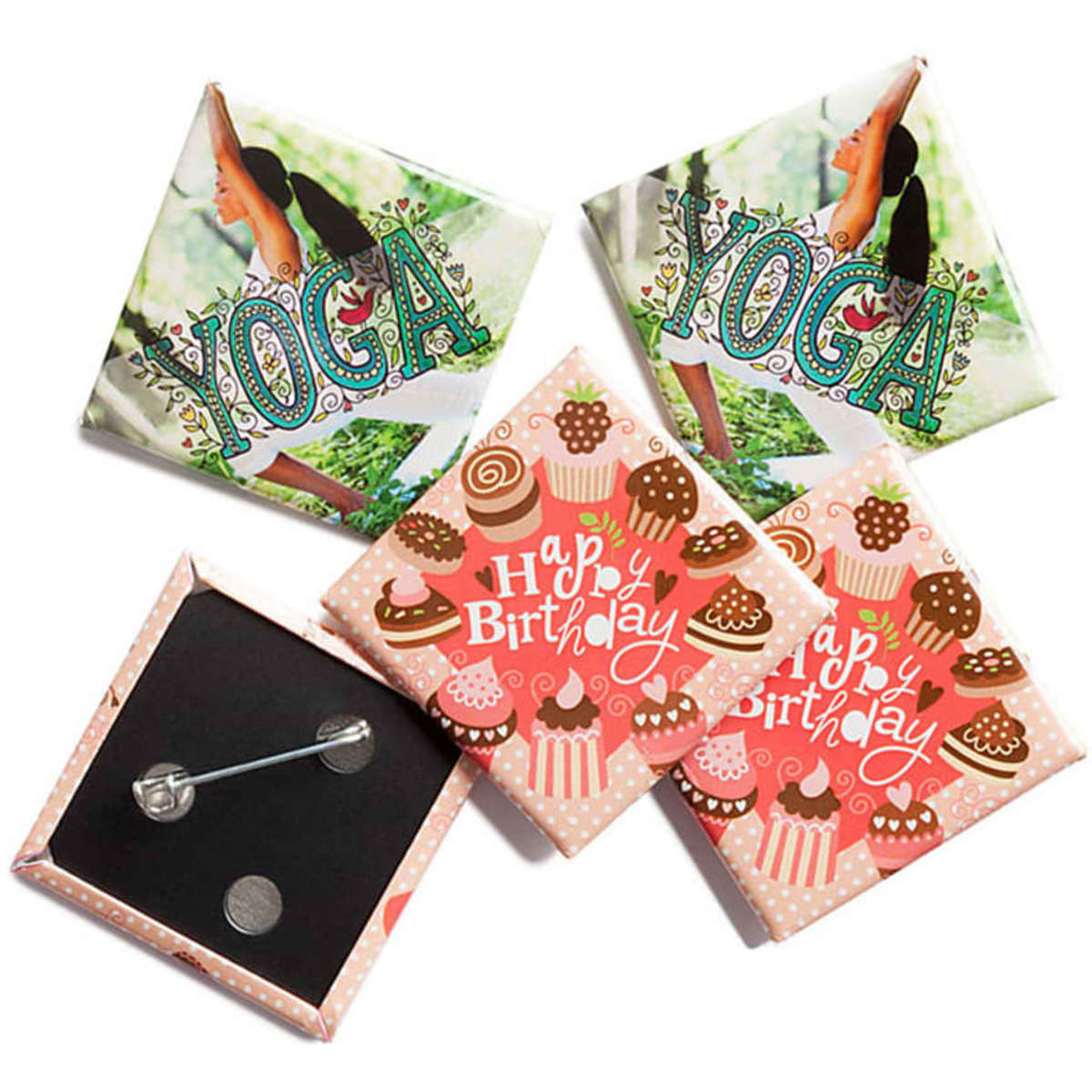 Four badges in decorative packaging, featuring vibrant designs and colours, with a logo present on one of the badges.