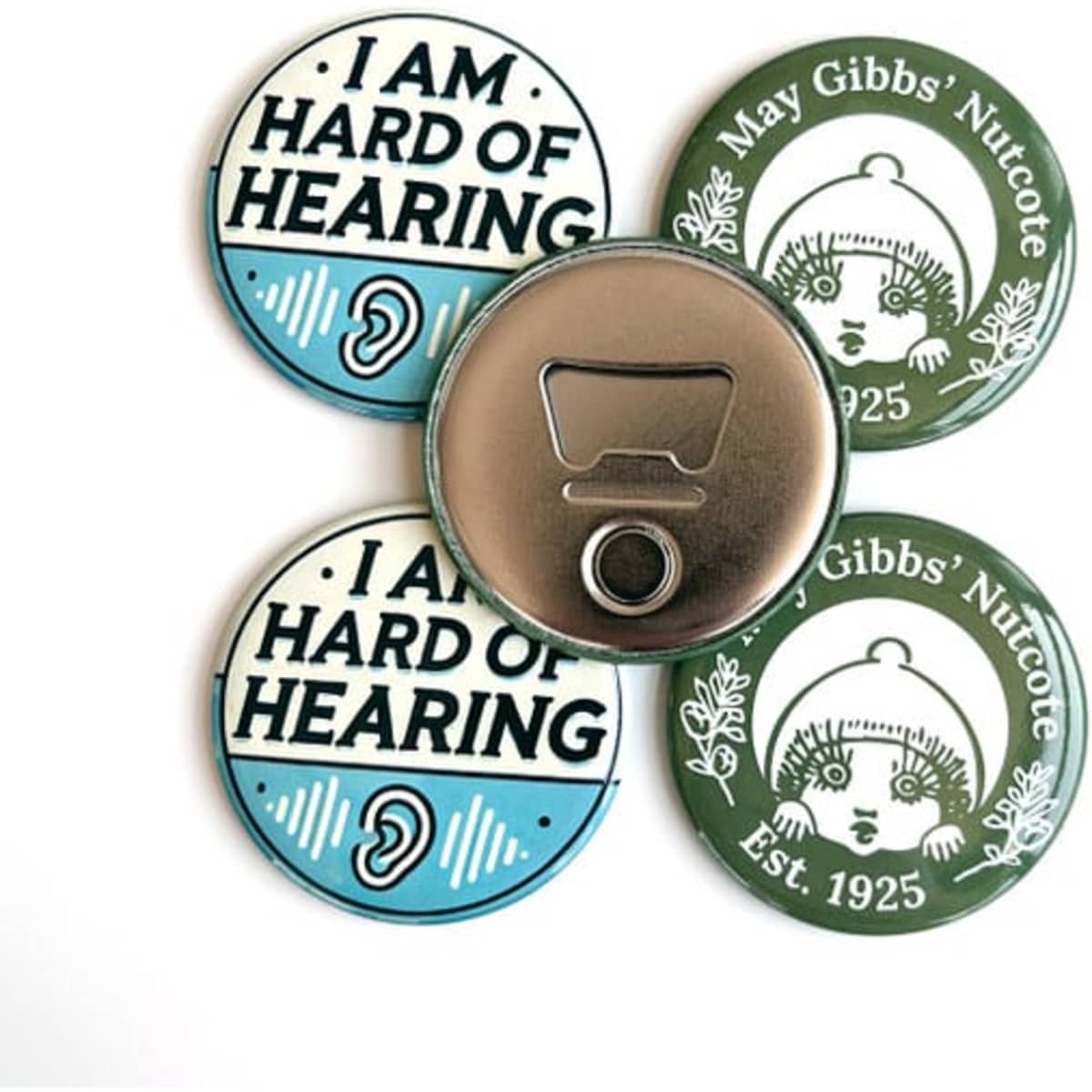 A drink bottle opener magnet in silver with a logo, surrounded by three circular printed magnets in blue and green.