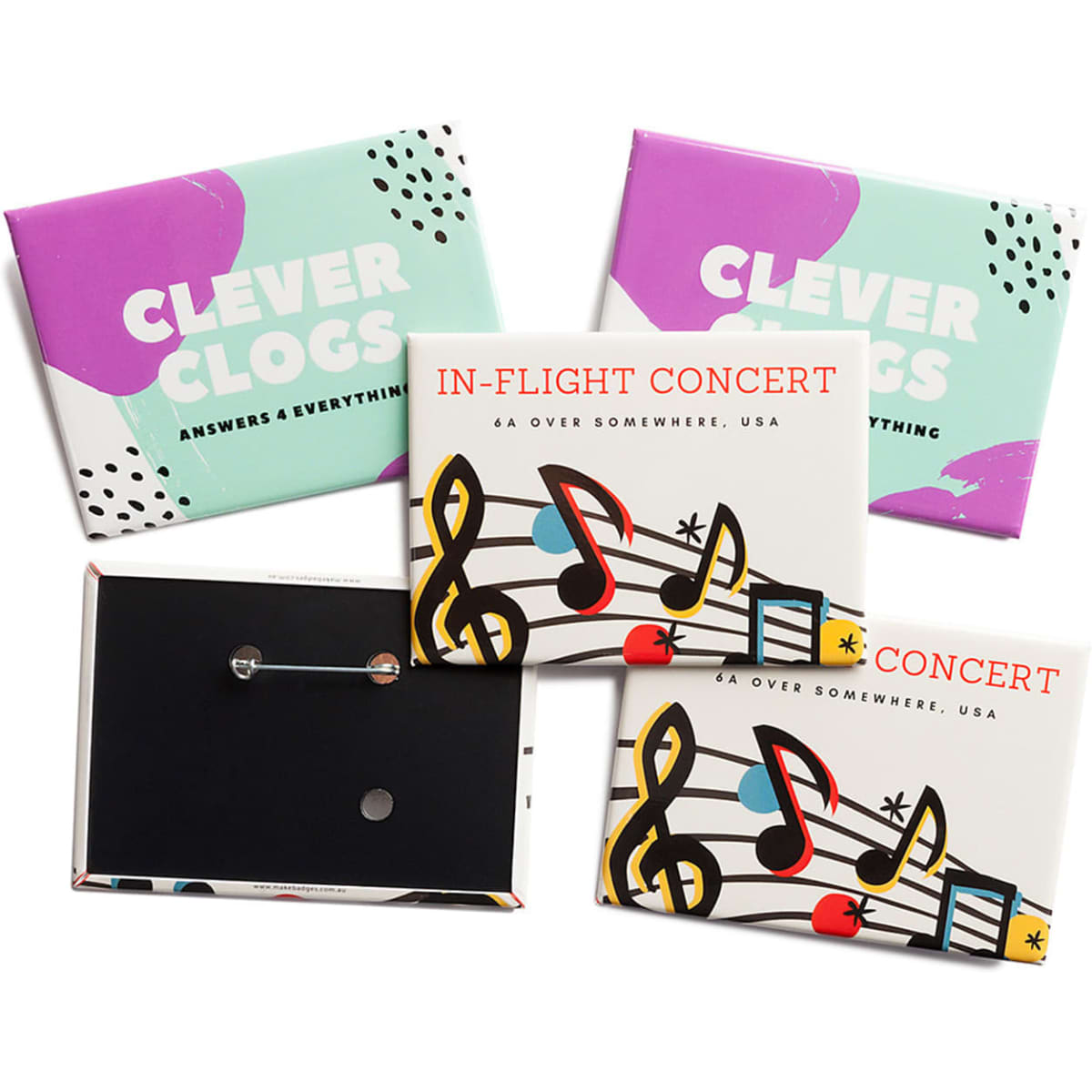 A set of rectangular badges featuring music notes on a white background, with colourful packaging showcasing a playful design.
