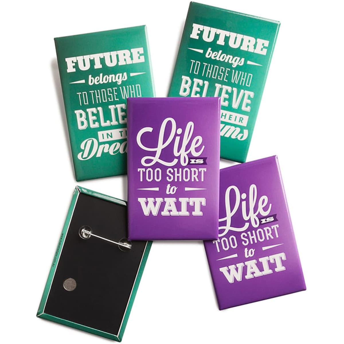 A set of rectangular badges in green and purple with various motivational phrases printed on them and a logo present.