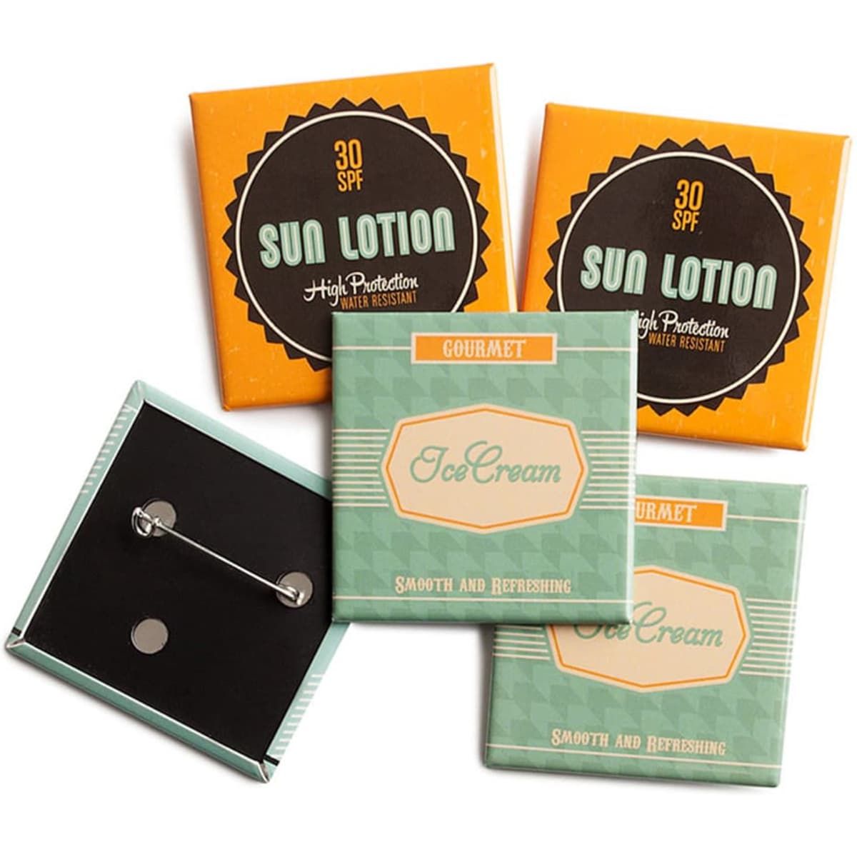 Square badges with orange and teal designs, featuring different themes and logos, arranged in a group.