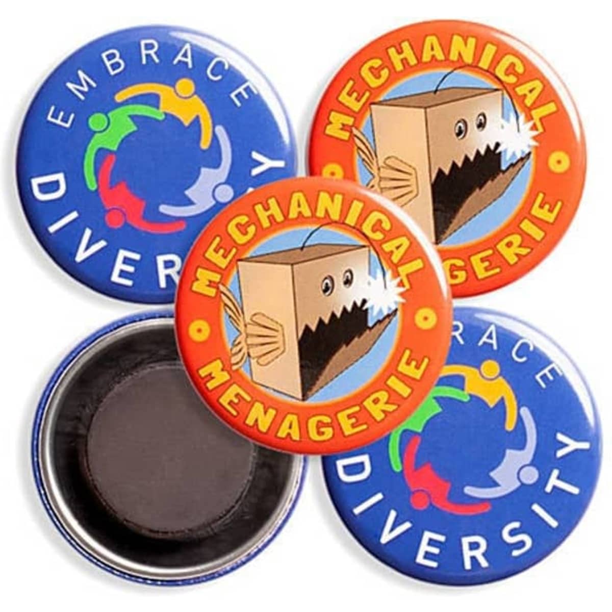 Four custom printed 32mm round magnets in blue and red featuring various designs and a logo.