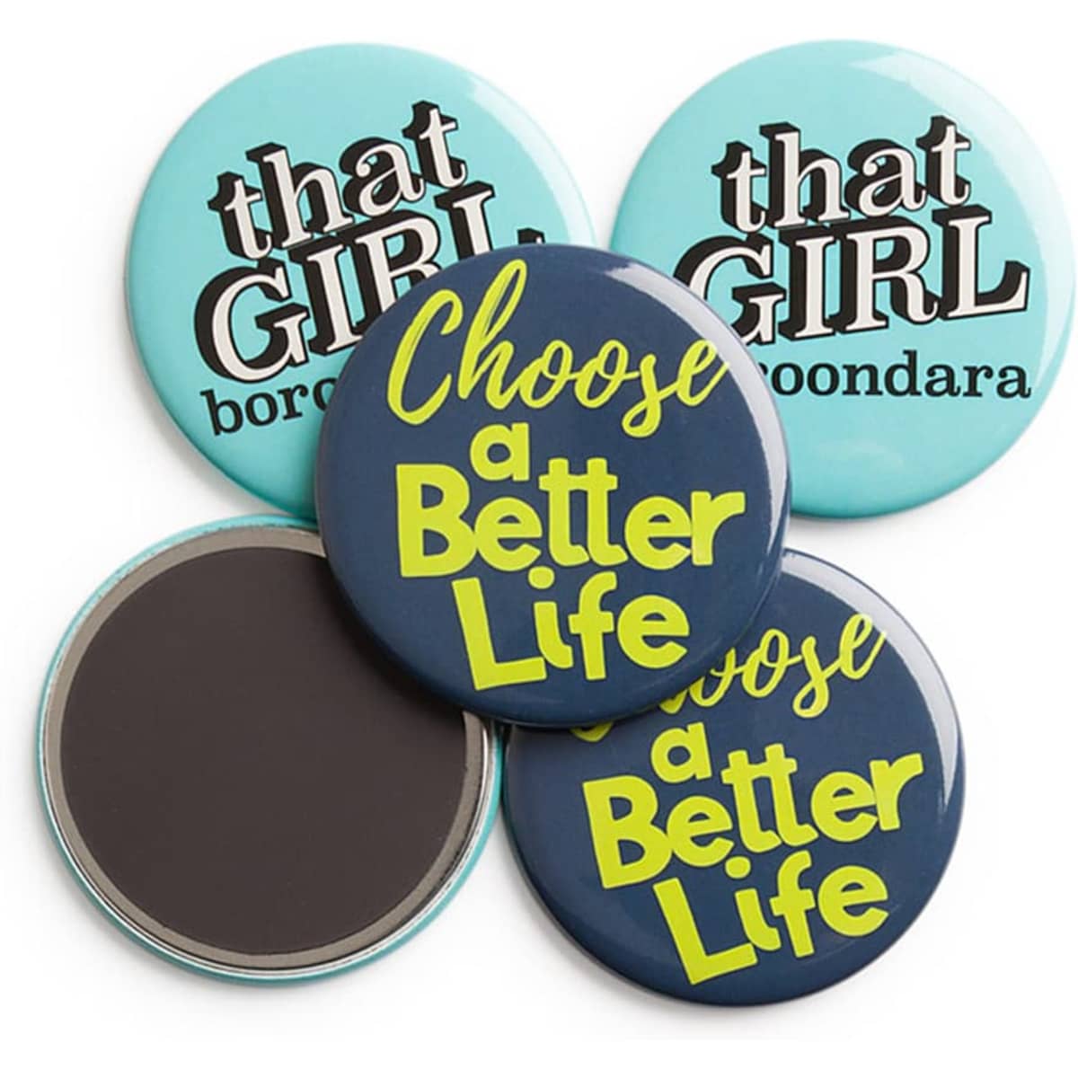 A collection of custom printed 57mm round magnets in turquoise and navy blue with various designs and a logo.