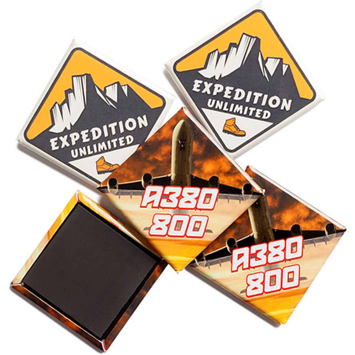 Custom printed 40mm x 40mm diamond-shaped magnets with various designs and colours, featuring a logo.
