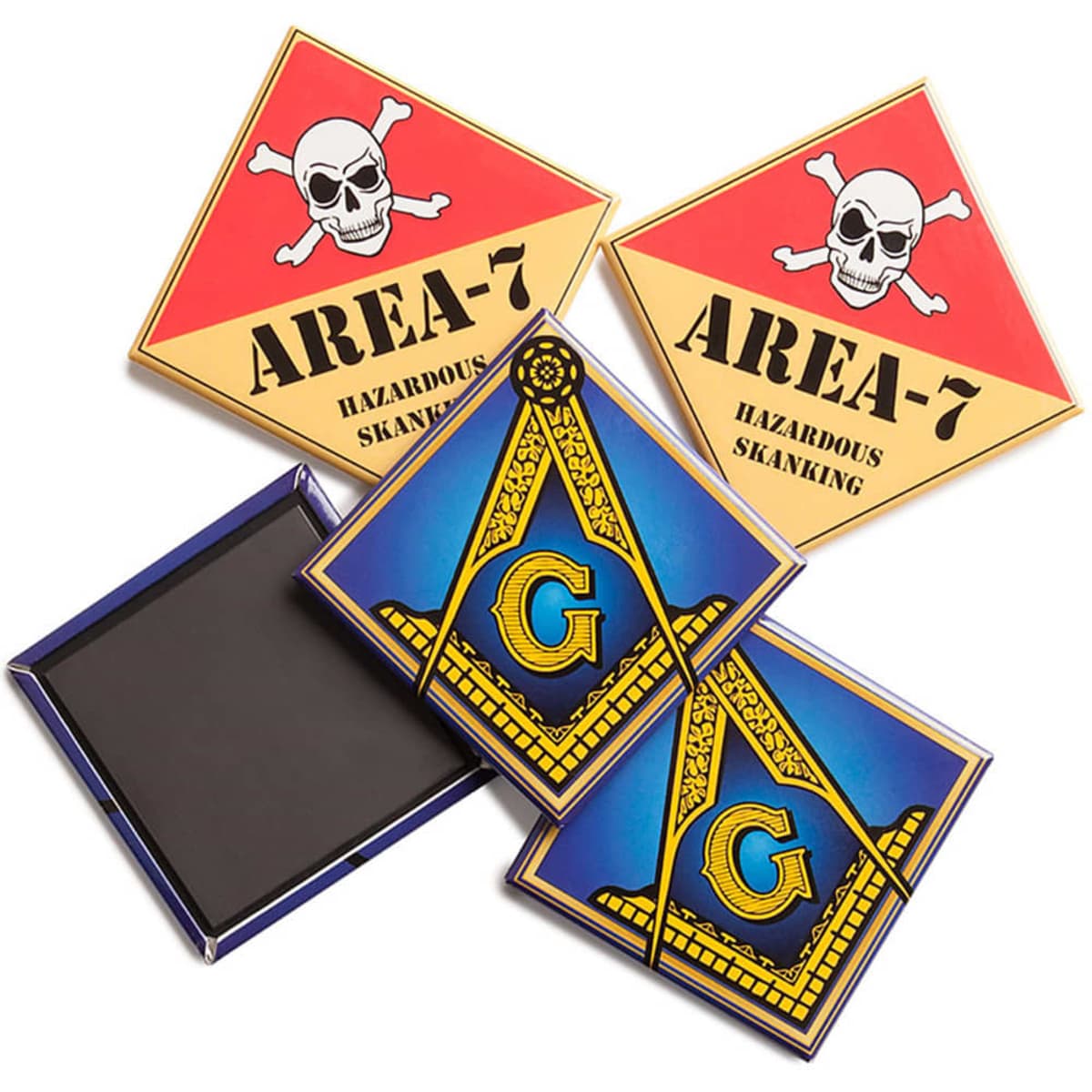 A set of diamond-shaped magnets featuring a skull design and vibrant colours, with a box included.