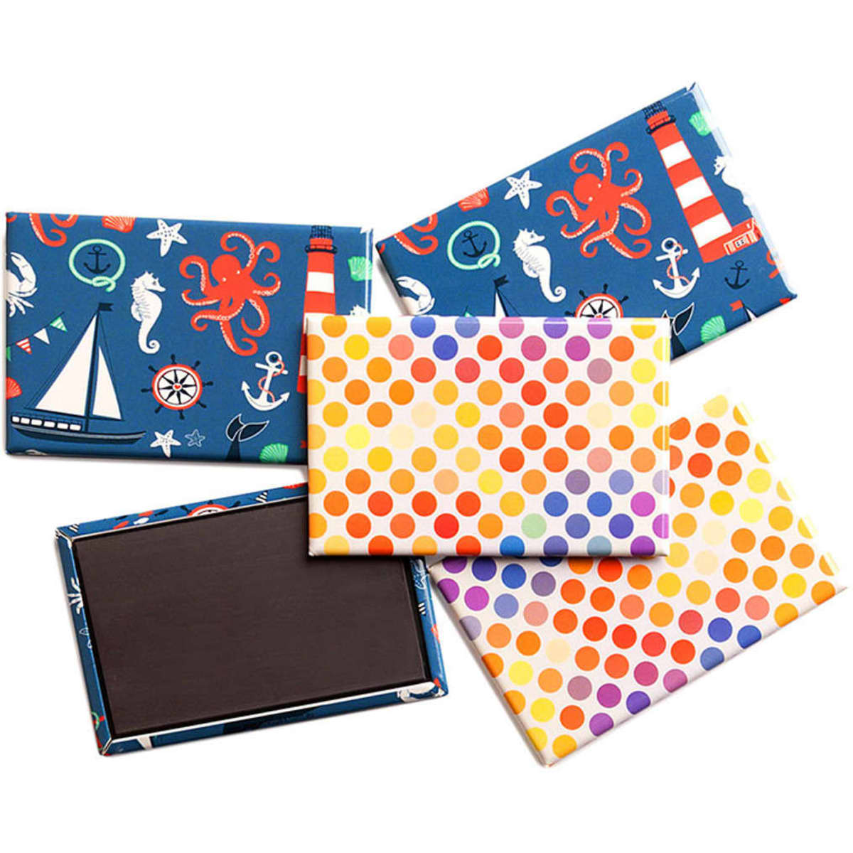 A group of custom printed rectangular magnets in various vibrant patterns and colours, including dots and nautical designs.