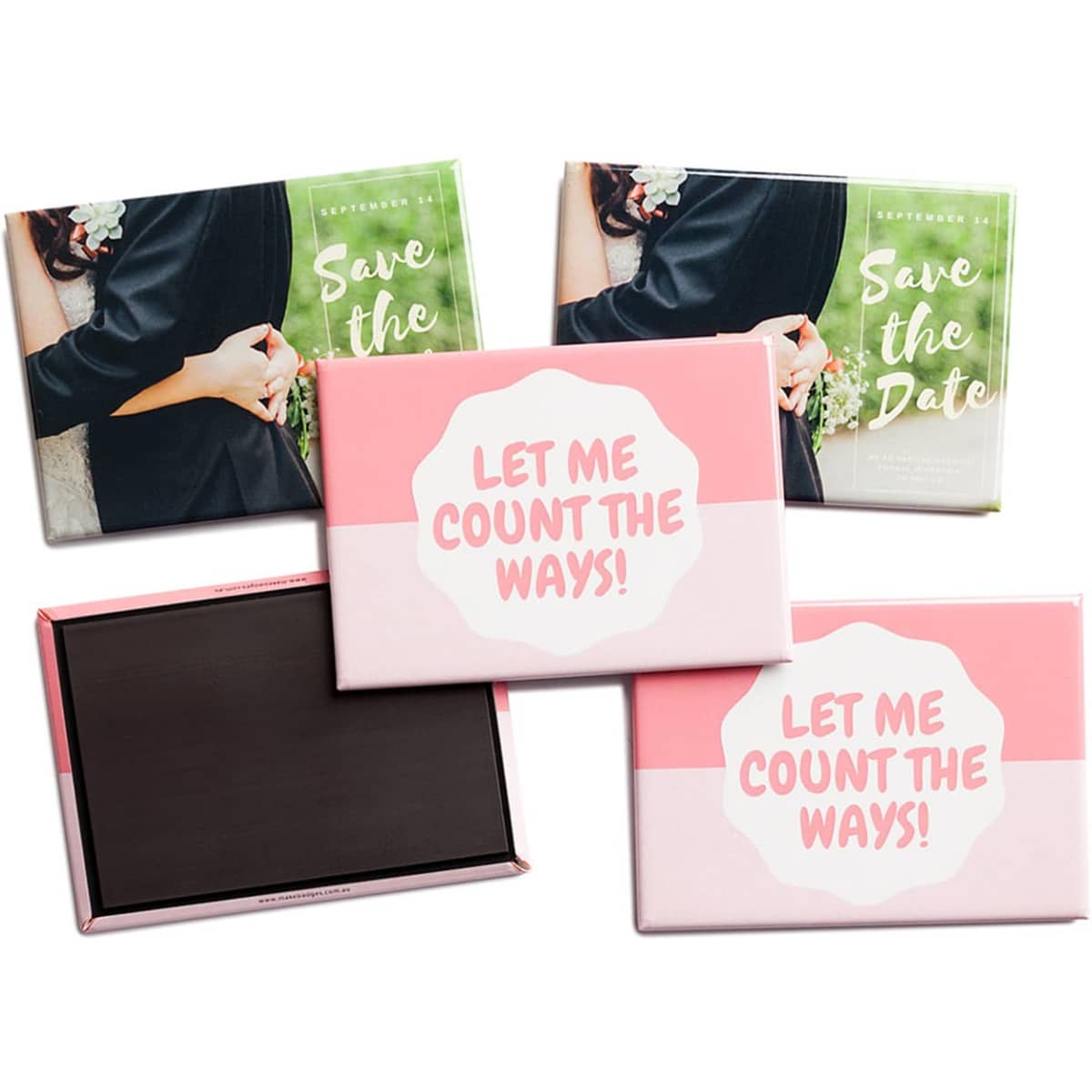 A set of rectangular badges in pink and multicoloured designs with glossy finishes and a logo.