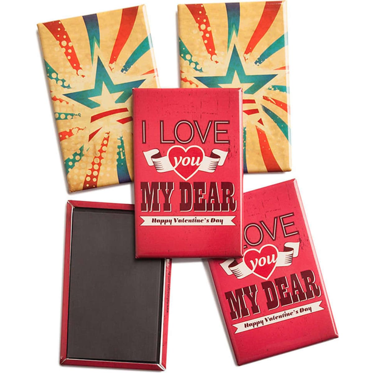 A set of rectangular magnets in red, featuring a design with a message for Valentine's Day and a colourful background.