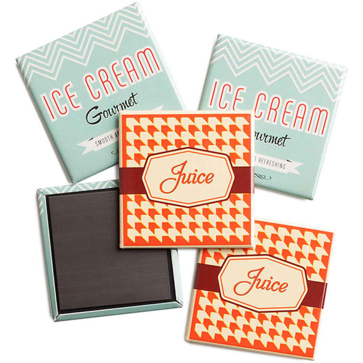 A square promotional magnet set featuring vibrant orange and teal geometric designs with a logo. Four magnets in total.
