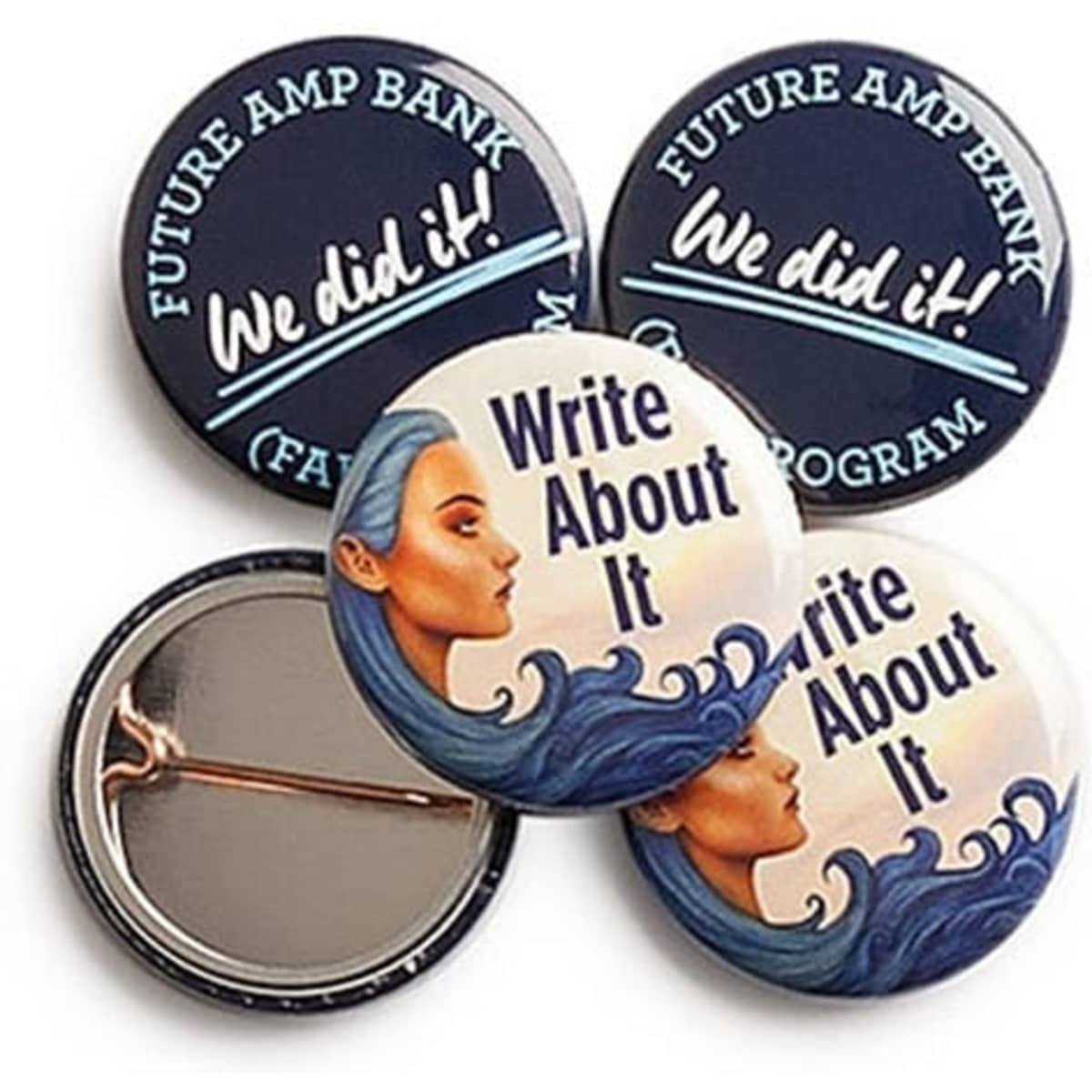 A collection of custom printed 25mm round badges featuring various designs and colours, with a logo on one badge.