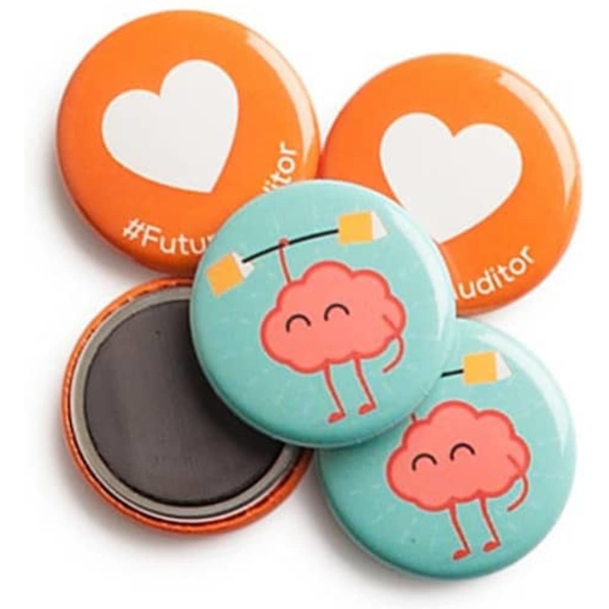 A group of four 25mm round magnets in orange and blue, featuring various designs and a logo.