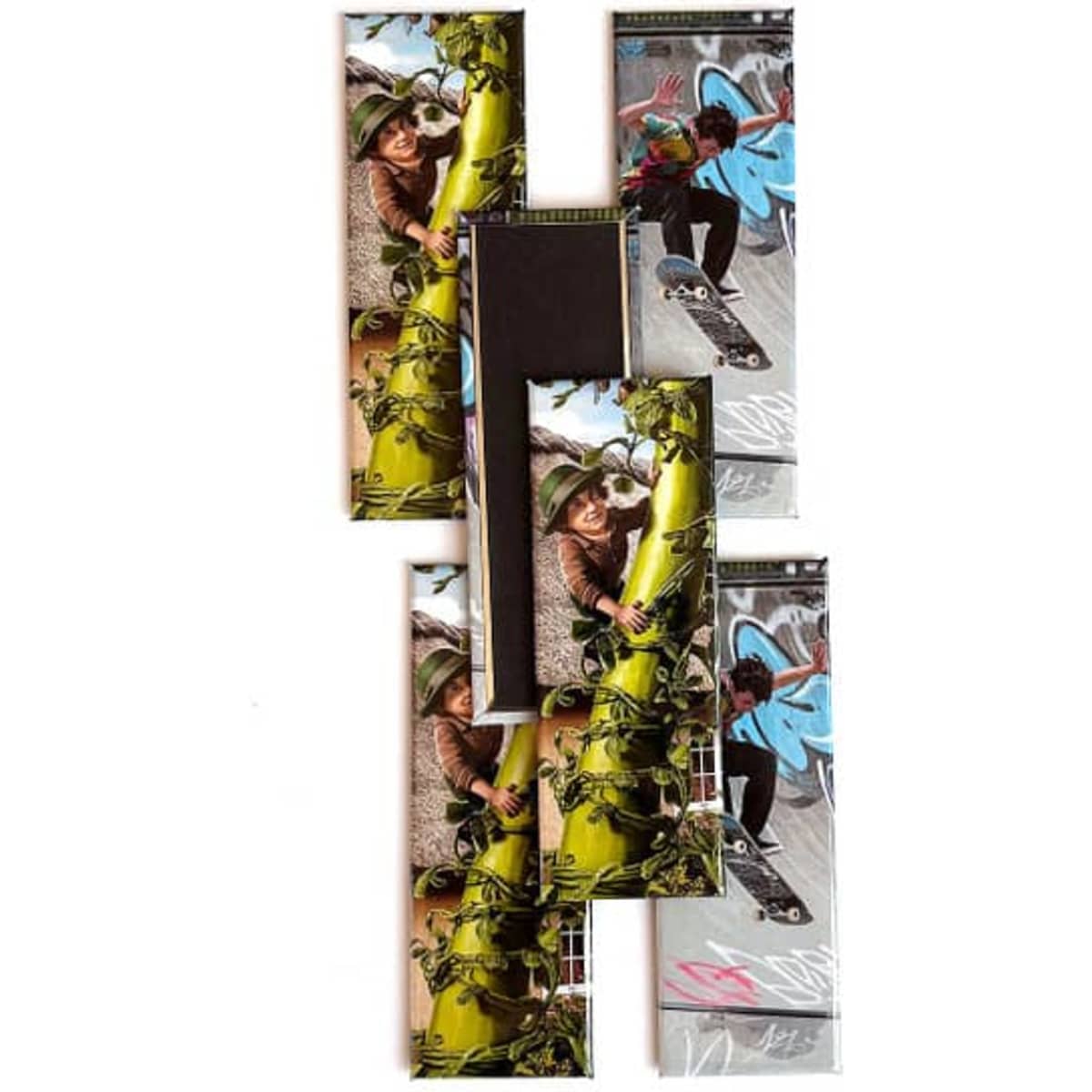 Vibrant rectangular magnets featuring skateboarding images and green graphics, displaying a mix of colours and a logo.