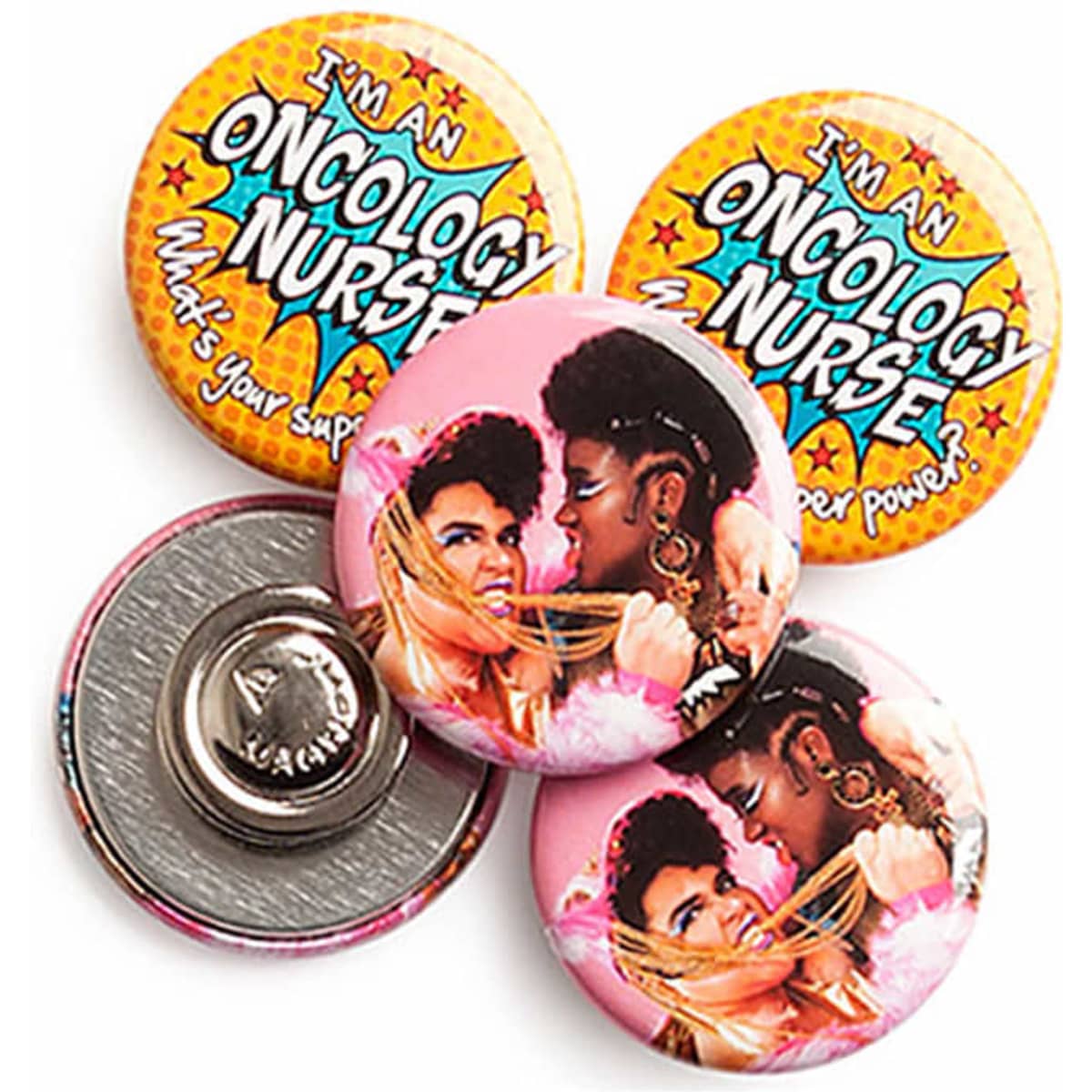 Four round badges featuring vibrant colours with a magnet fastener on the back. One badge has a yellow design, and the others are pink.