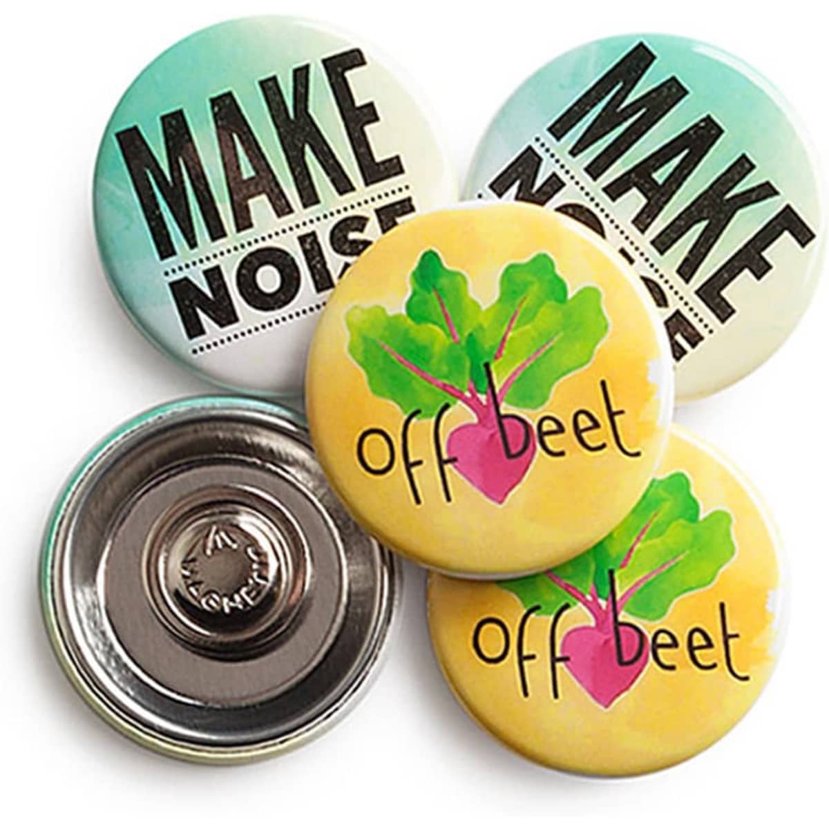 A set of round 38mm magnet fastener badges in various colours and designs, featuring a logo and graphics.