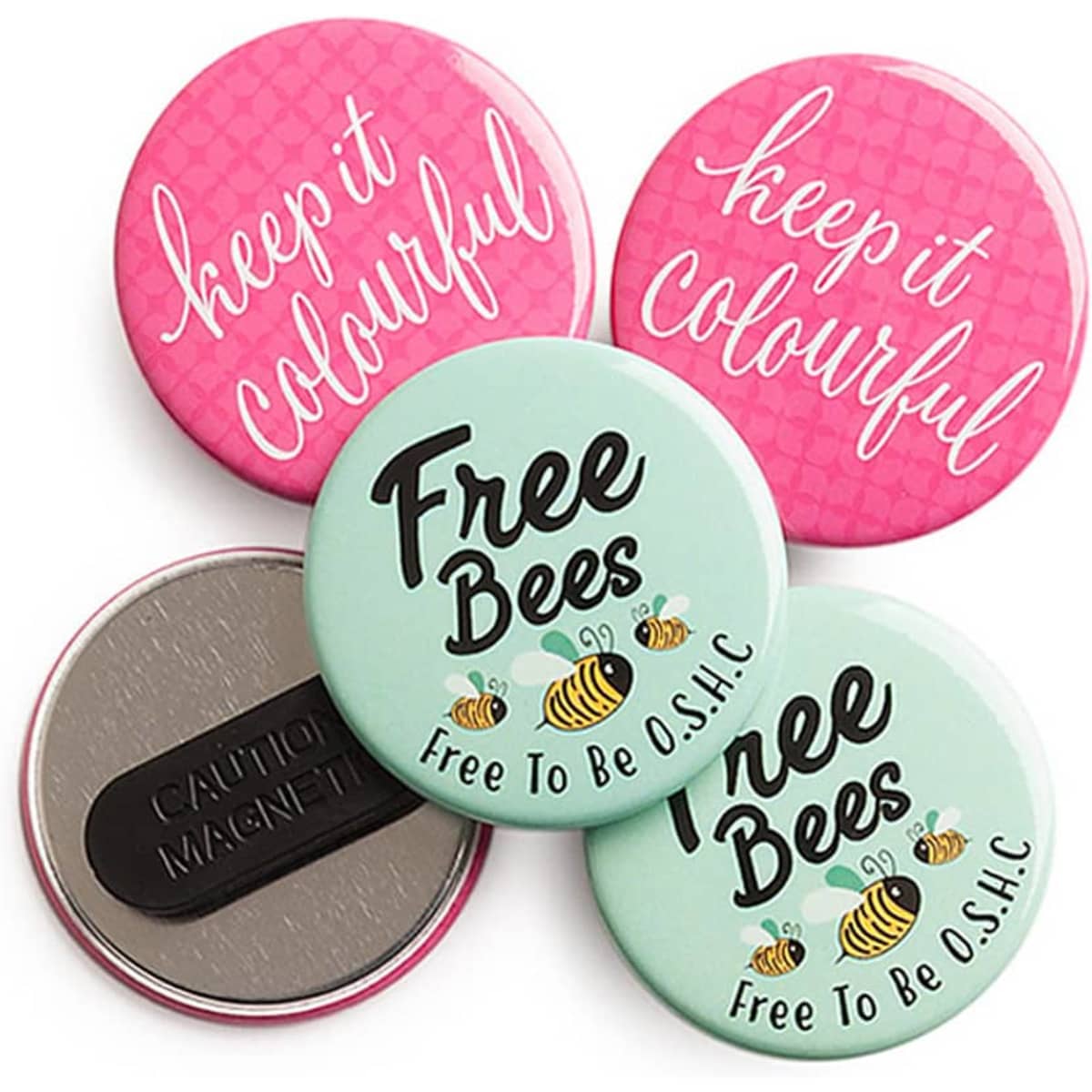 A collection of round, custom printed badges in pink and mint green, featuring various designs and a magnet on the back.