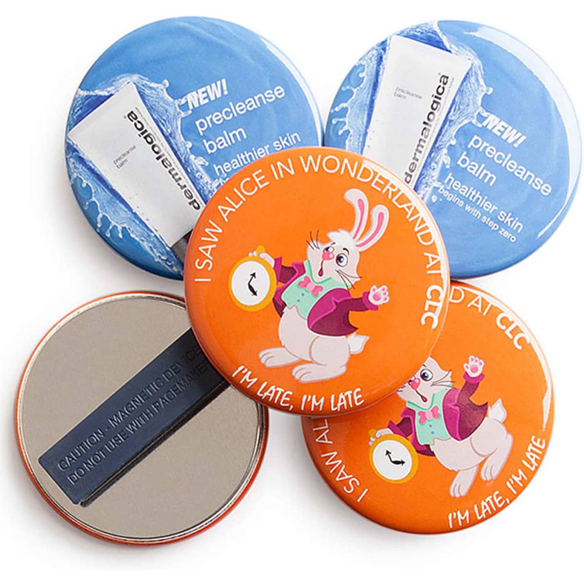 A round magnet fastener badge set featuring colourful designs, including a character and product logos, with varying colours.