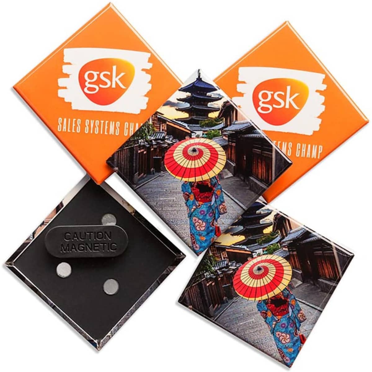 Custom 50mm x 50mm diamond-shaped magnets in orange and multi-coloured designs, featuring a logo and magnetic backing.