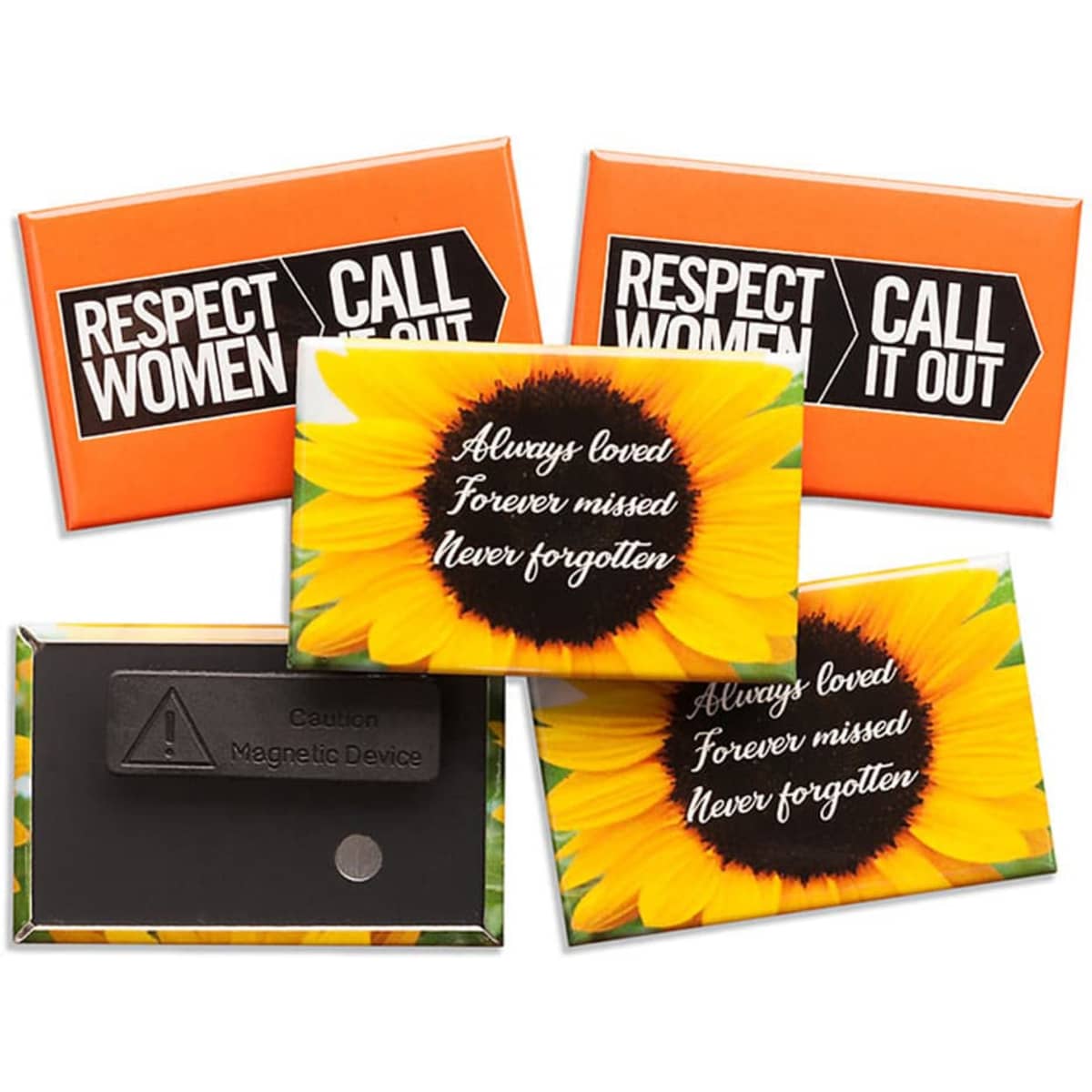 A rectangular magnet fastener badge in vibrant orange and yellow, featuring sunflower designs and a logo.
