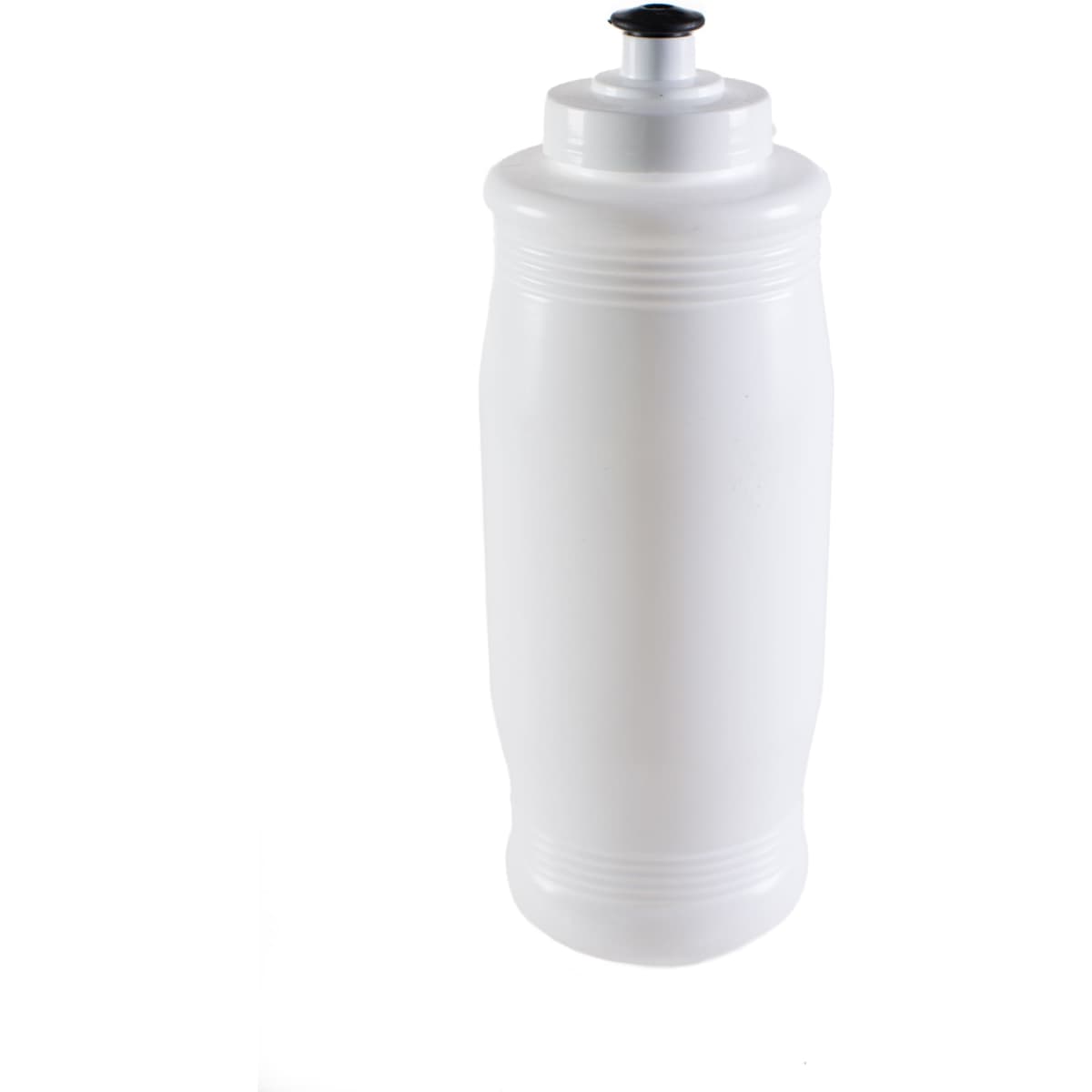 A drink bottle in white with a screw-top lid, featuring a logo on the side.