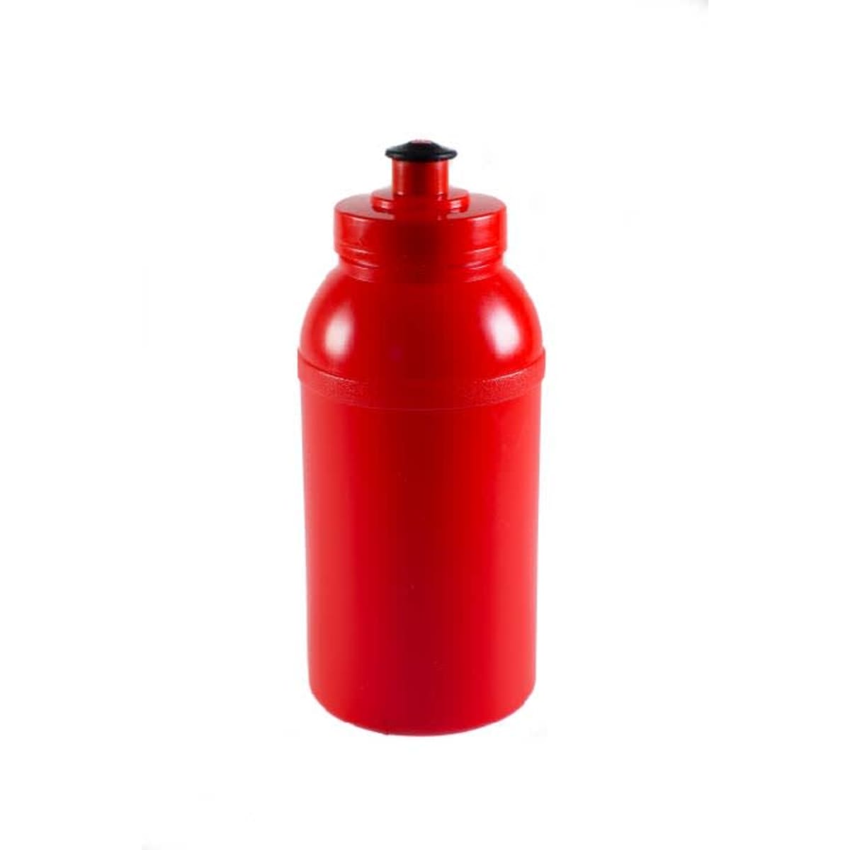 A drink bottle in bright red with a screw-on cap. It has a smooth surface and features a logo.