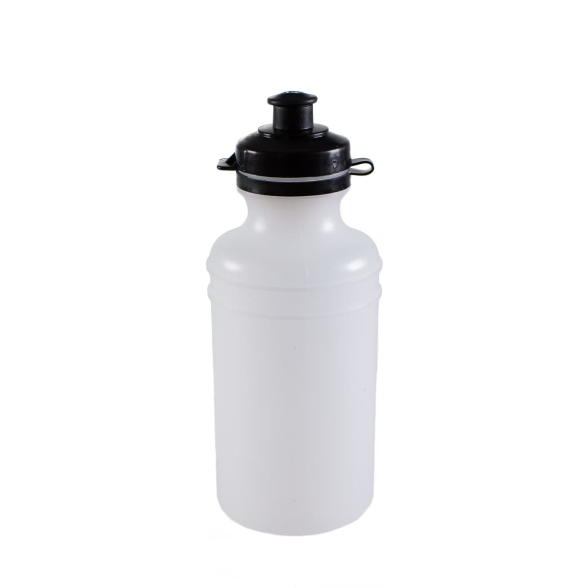 A drink bottle in white with a black cap and lid, featuring a sleek design and a simple logo.