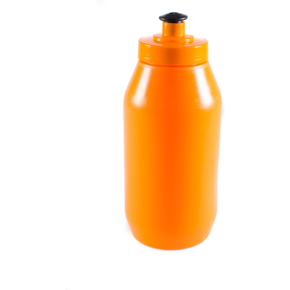 An orange drink bottle with a black cap, featuring a rounded shape and a single colour finish.
