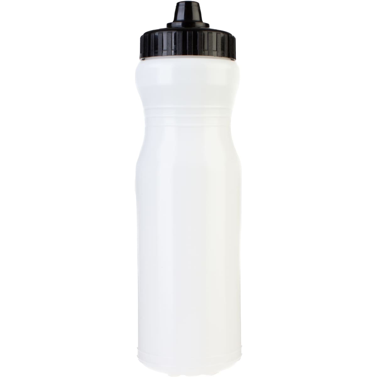 A drink bottle in white with a black lid, featuring a branded logo. Ideal for hydration on the go.