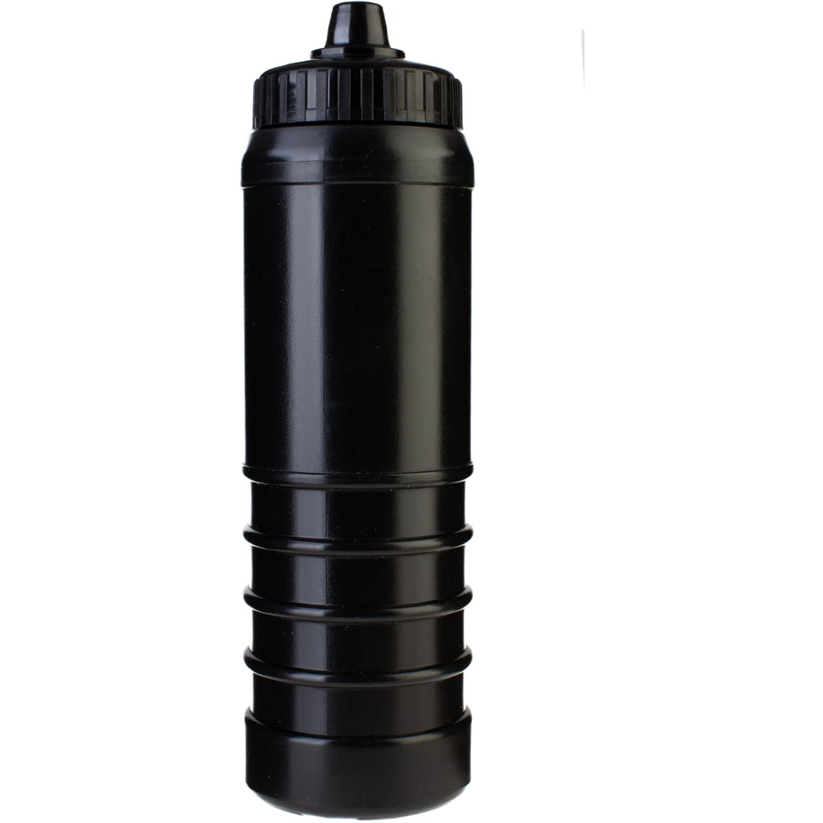 A drink bottle in black with a screw-on lid and segmented body, featuring a logo.
